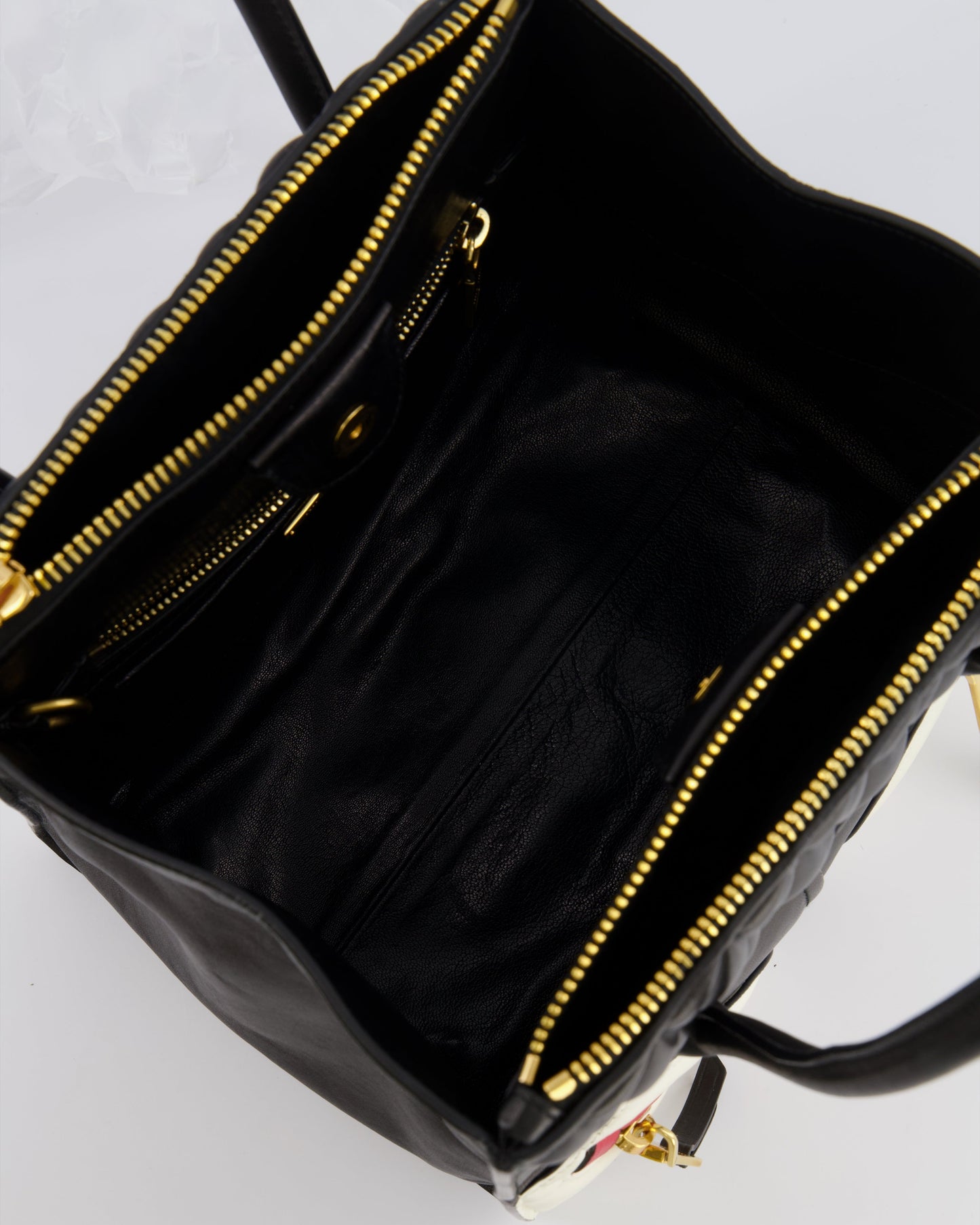 Miu Miu Black, White and Red Leather Biker Bag with Zip Details and Gold Hardware