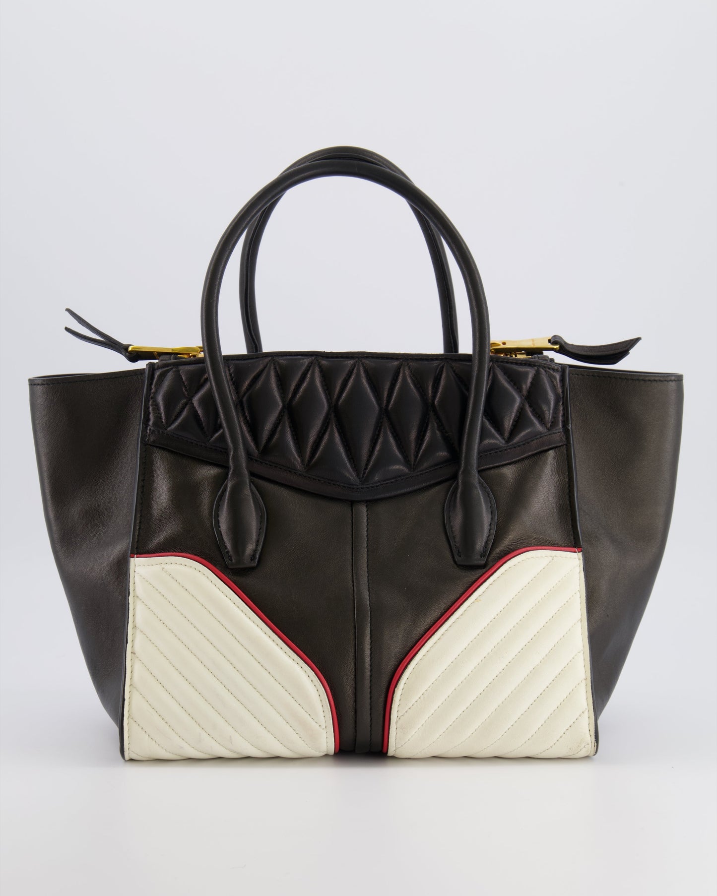 Miu Miu Black, White and Red Leather Biker Bag with Zip Details and Gold Hardware