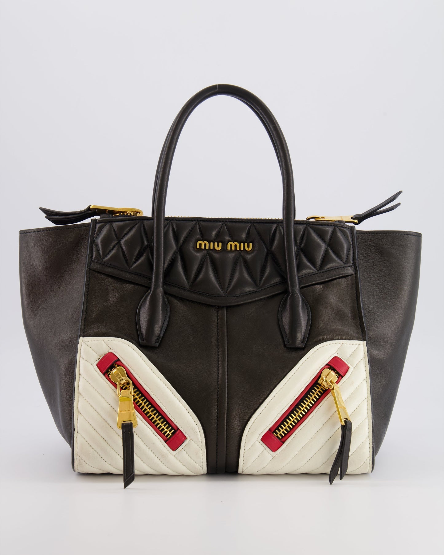 Miu Miu Black, White and Red Leather Biker Bag with Zip Details and Gold Hardware