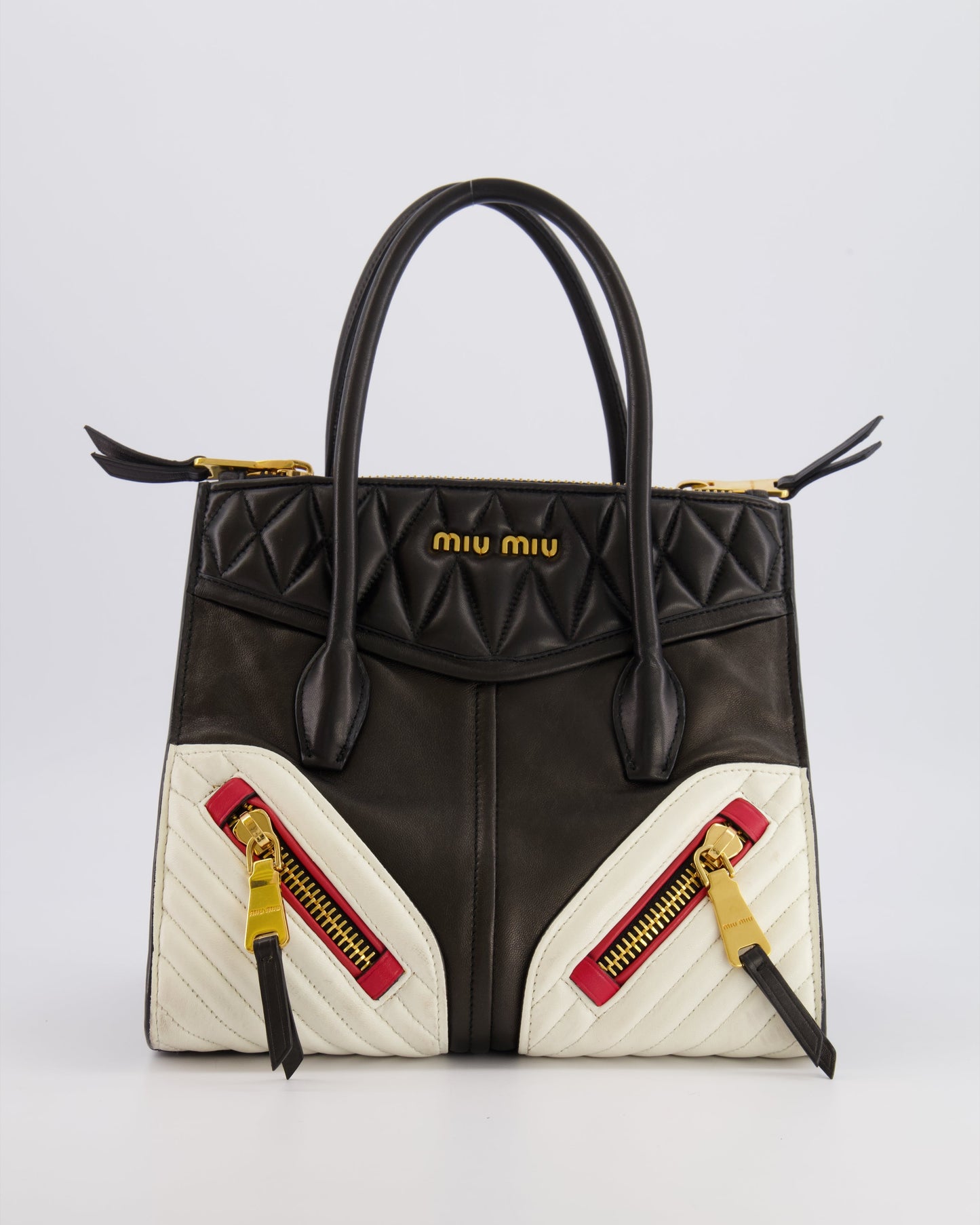 Miu Miu Black, White and Red Leather Biker Bag with Zip Details and Gold Hardware