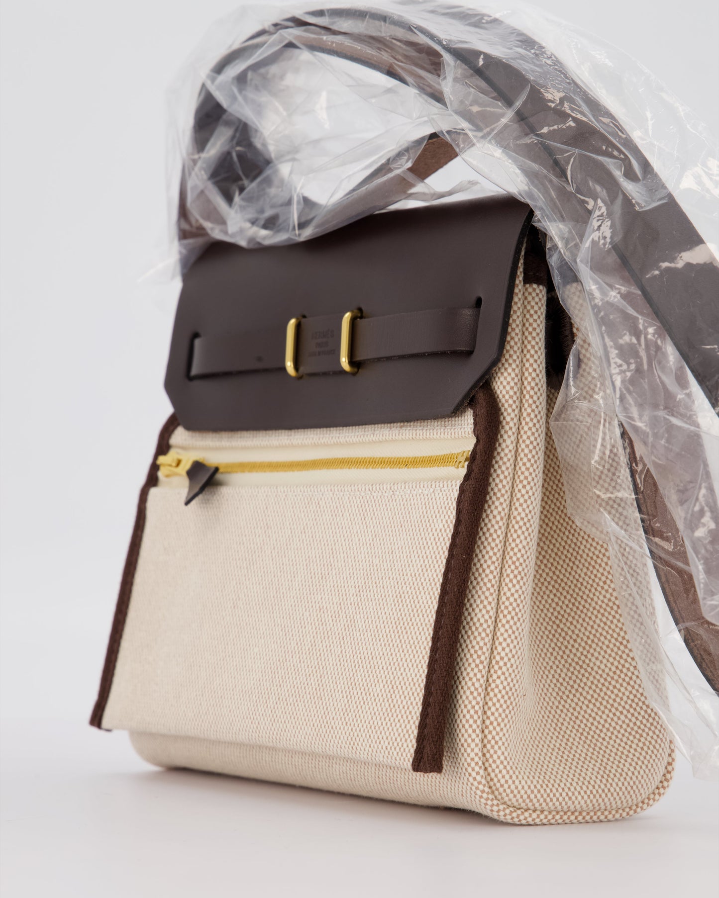 *HOT & RARE* Hermes Mini Herbag Zip 20 Bag in Ebene Vache Hunter Leather & Ecru/Beige Viking Canvas with Gold Hardware