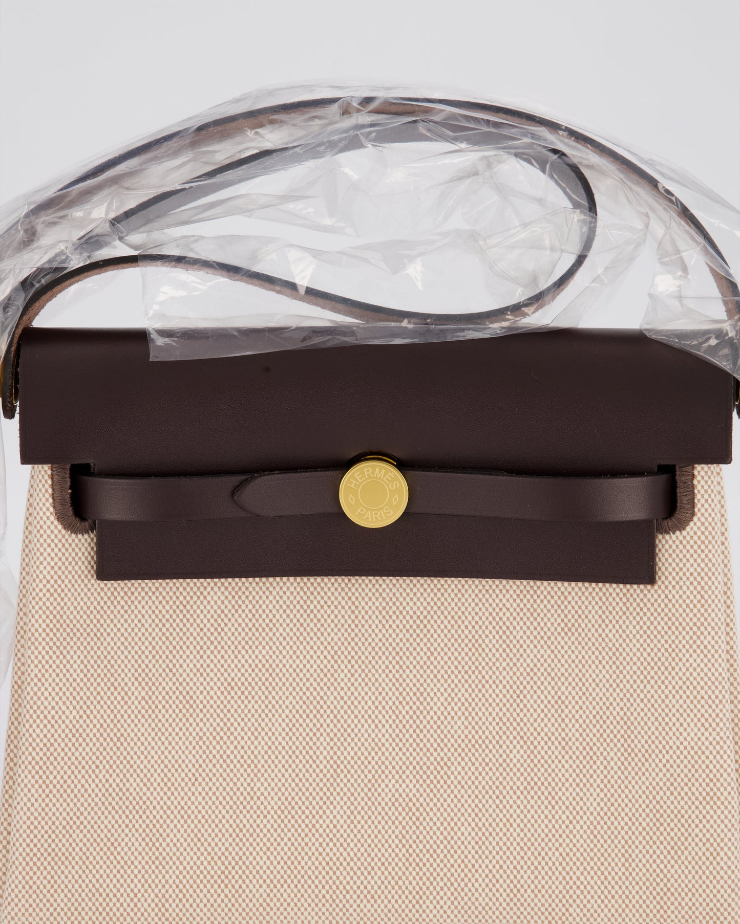 *HOT & RARE* Hermes Mini Herbag Zip 20 Bag in Ebene Vache Hunter Leather & Ecru/Beige Viking Canvas with Gold Hardware
