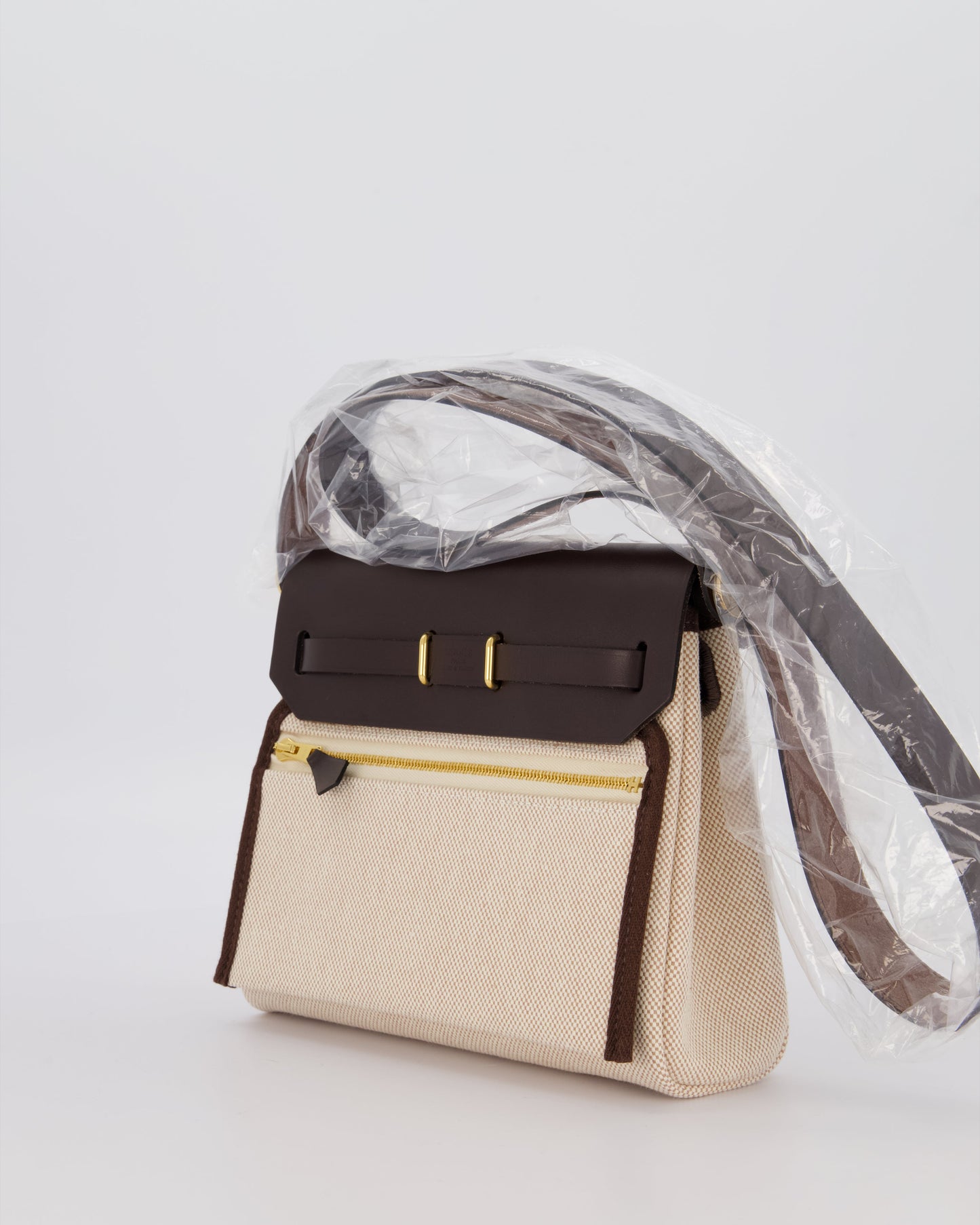 *HOT & RARE* Hermes Mini Herbag Zip 20 Bag in Ebene Vache Hunter Leather & Ecru/Beige Viking Canvas with Gold Hardware