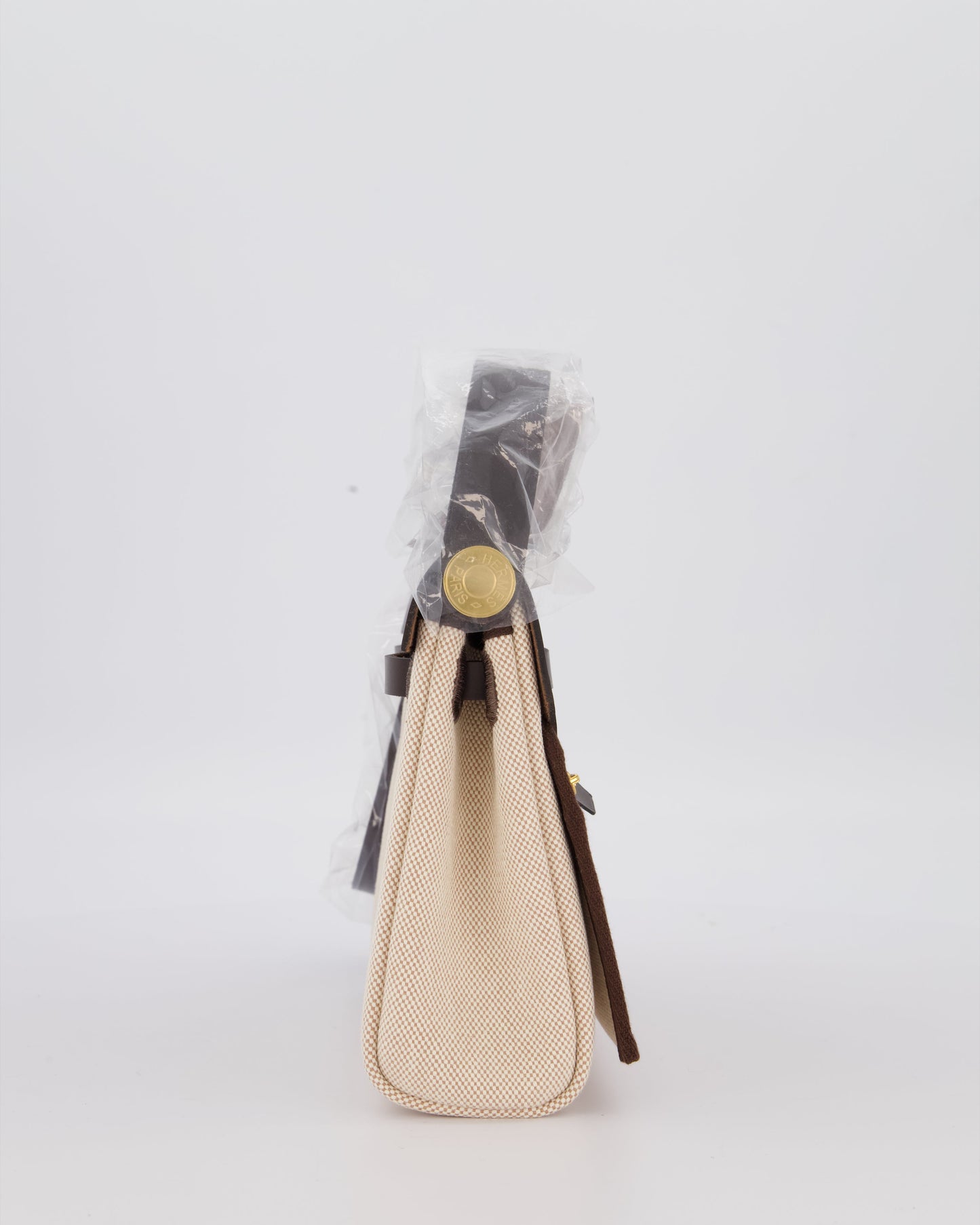 *HOT & RARE* Hermes Mini Herbag Zip 20 Bag in Ebene Vache Hunter Leather & Ecru/Beige Viking Canvas with Gold Hardware