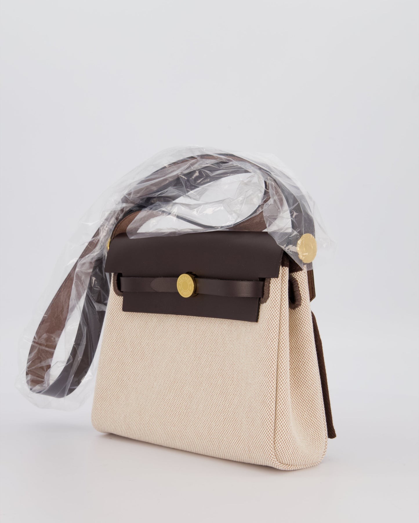 *HOT & RARE* Hermes Mini Herbag Zip 20 Bag in Ebene Vache Hunter Leather & Ecru/Beige Viking Canvas with Gold Hardware