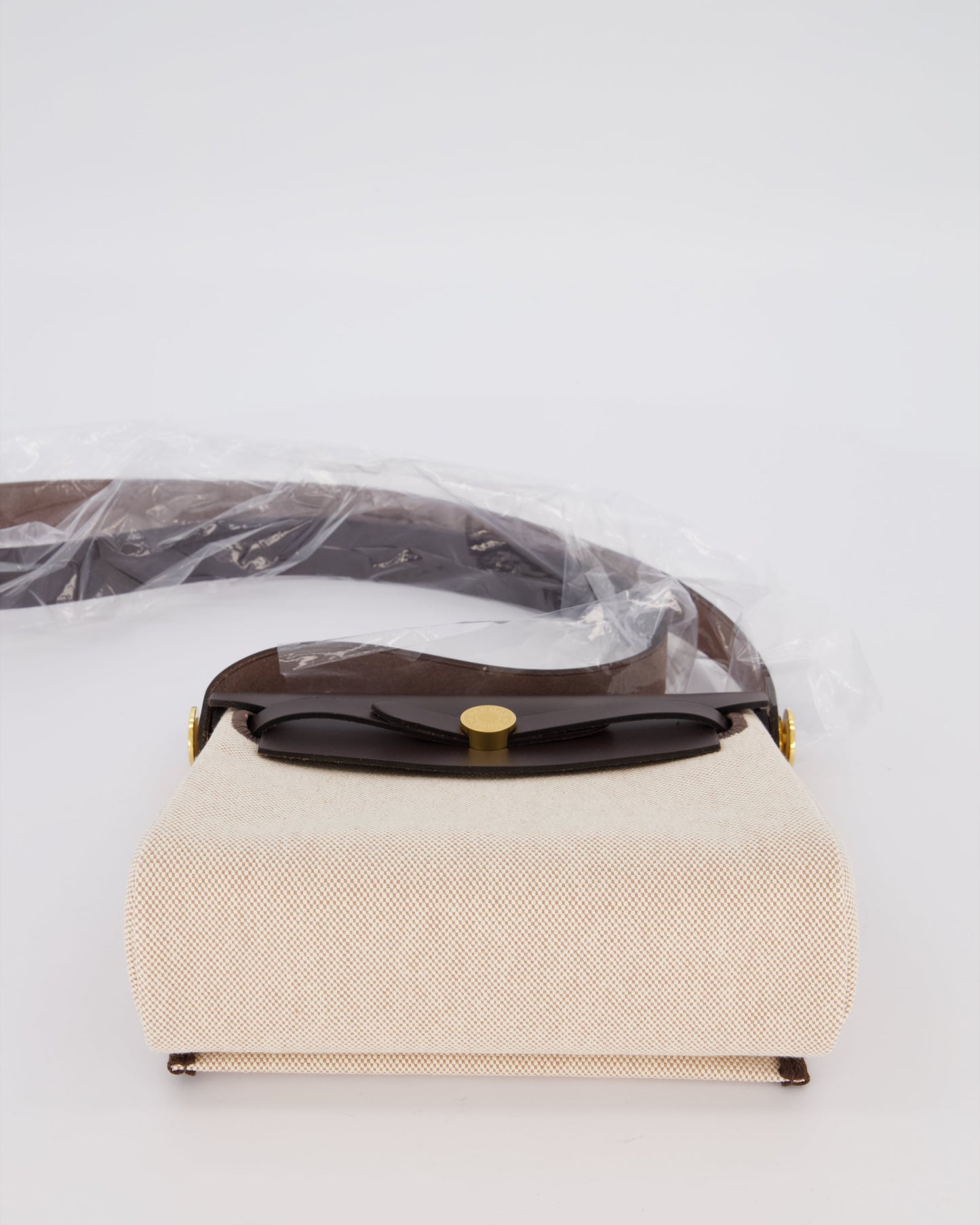 *HOT & RARE* Hermes Mini Herbag Zip 20 Bag in Ebene Vache Hunter Leather & Ecru/Beige Viking Canvas with Gold Hardware