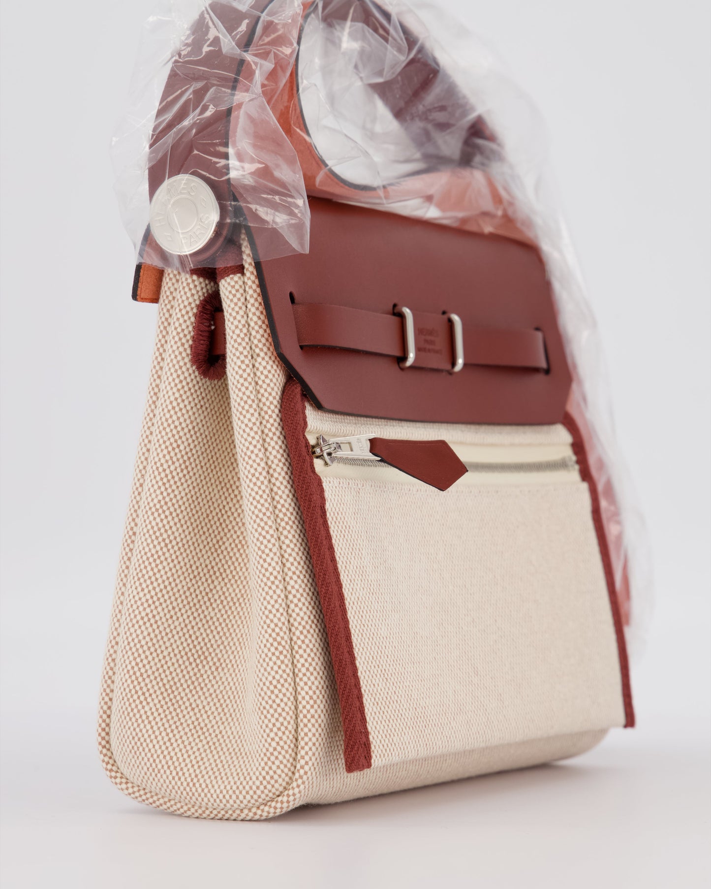*HOT & RARE* Hermes Mini Herbag Zip 20 Bag in Rouge H Vache Hunter Leather & Ecru/Beige Viking Canvas with Palladium Hardware