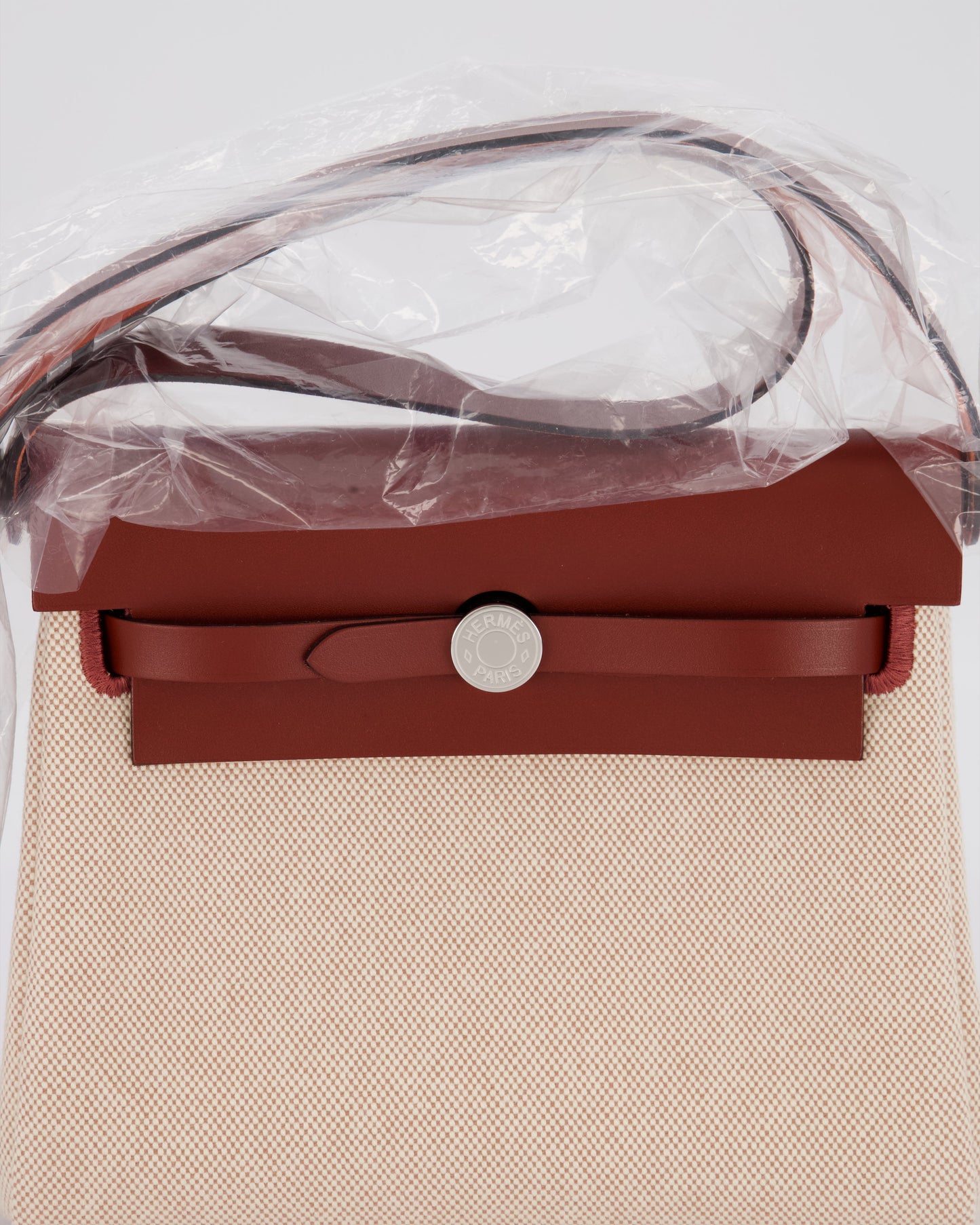 *HOT & RARE* Hermes Mini Herbag Zip 20 Bag in Rouge H Vache Hunter Leather & Ecru/Beige Viking Canvas with Palladium Hardware