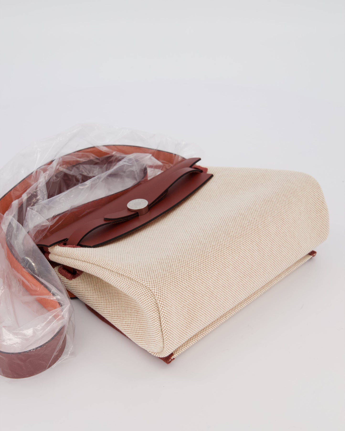 *HOT & RARE* Hermes Mini Herbag Zip 20 Bag in Rouge H Vache Hunter Leather & Ecru/Beige Viking Canvas with Palladium Hardware