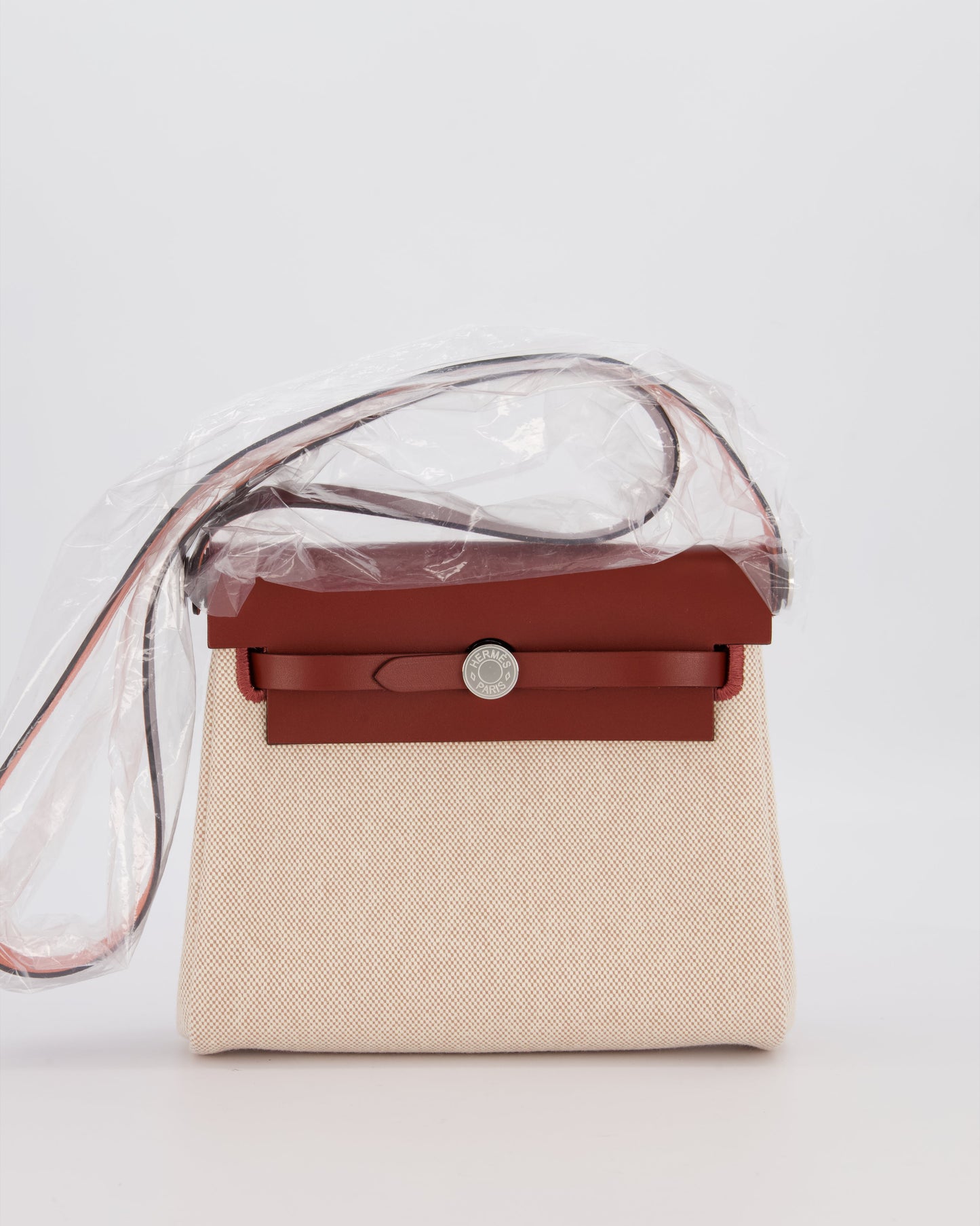 *HOT & RARE* Hermes Mini Herbag Zip 20 Bag in Rouge H Vache Hunter Leather & Ecru/Beige Viking Canvas with Palladium Hardware