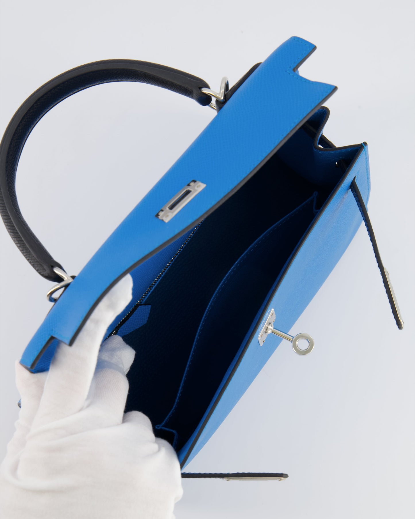 Hermes Kelly II Tricolour 25 Sellier Bag in Bleu Zanzibar, Bleu De Prusse and Noir Epsom Leather with Palladium Hardware