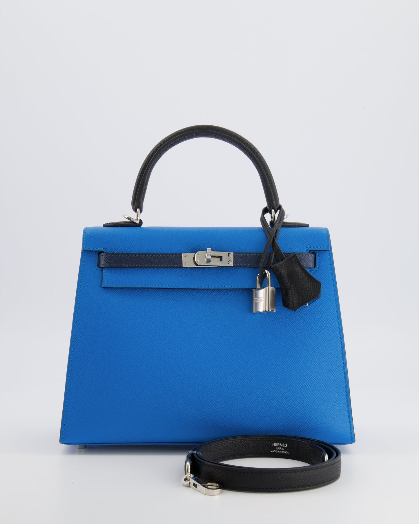 Hermes Kelly II Tricolour 25 Sellier Bag in Bleu Zanzibar, Bleu De Prusse and Noir Epsom Leather with Palladium Hardware