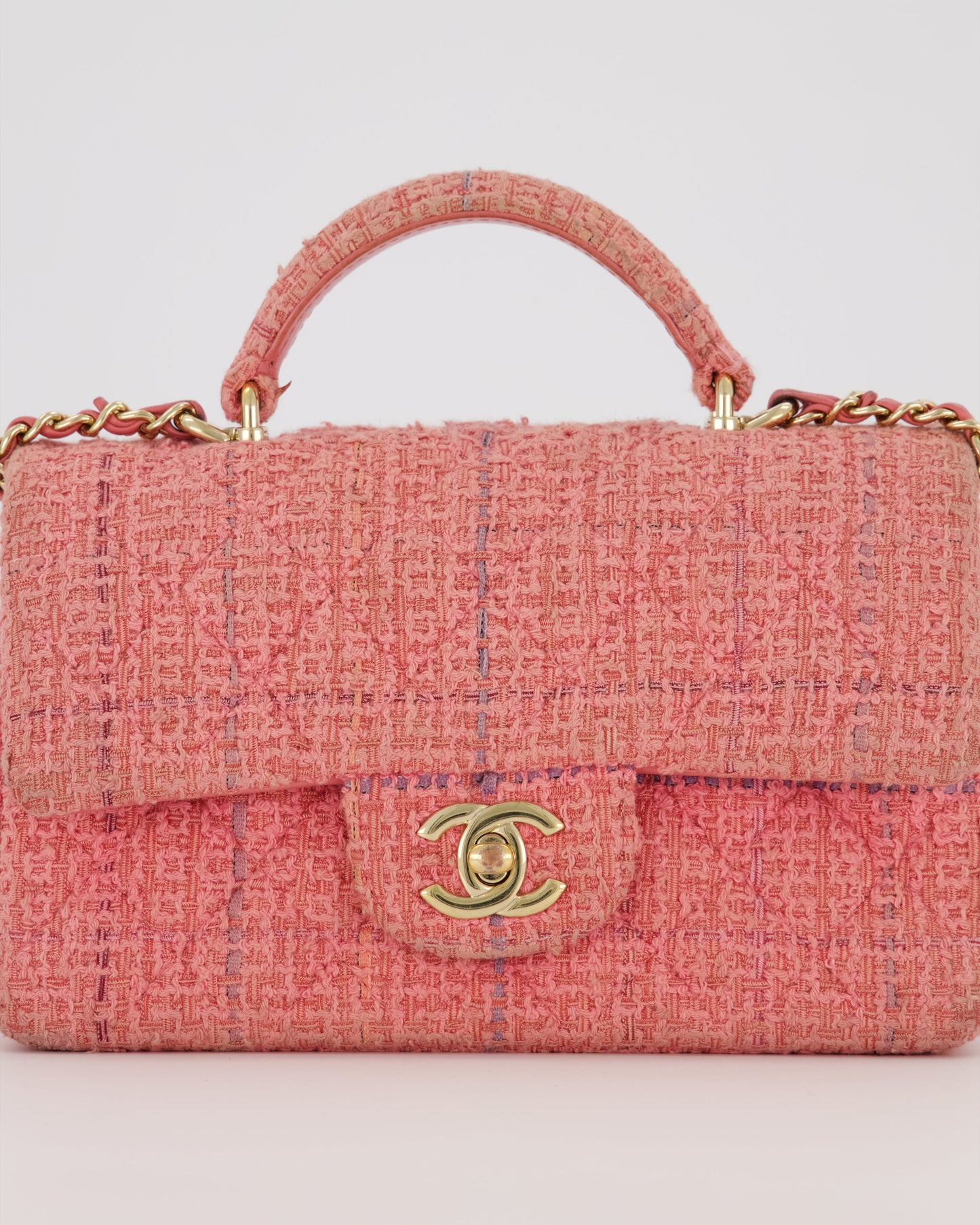 Chanel Top Handle Rectangular Bag in Pink Quilted Tweed with Champagne Gold Hardware