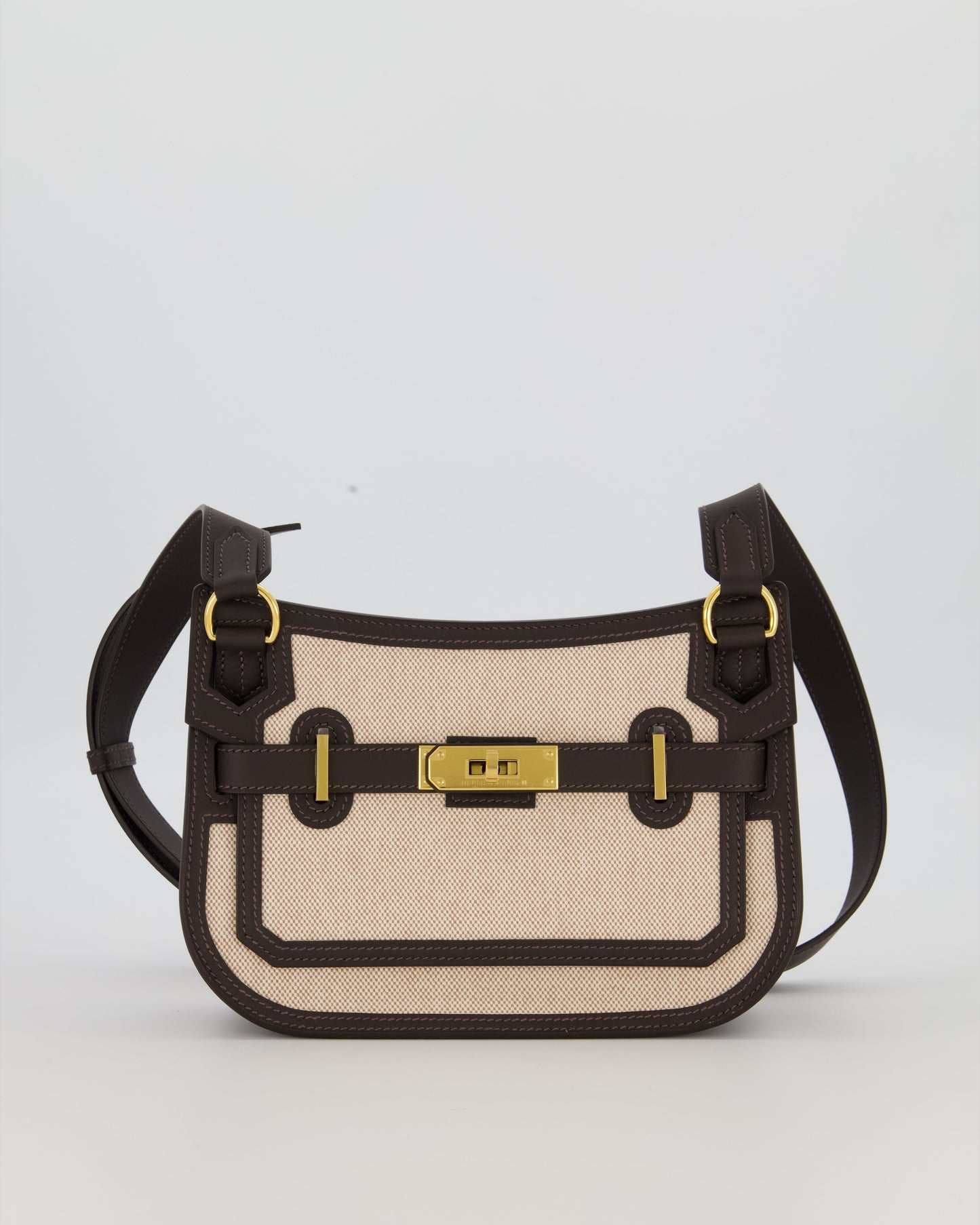 Hermes Mini Jypsiere Crossbody Bag in Bai Brun Swift Leather and Cream Canvas with Gold Hardware