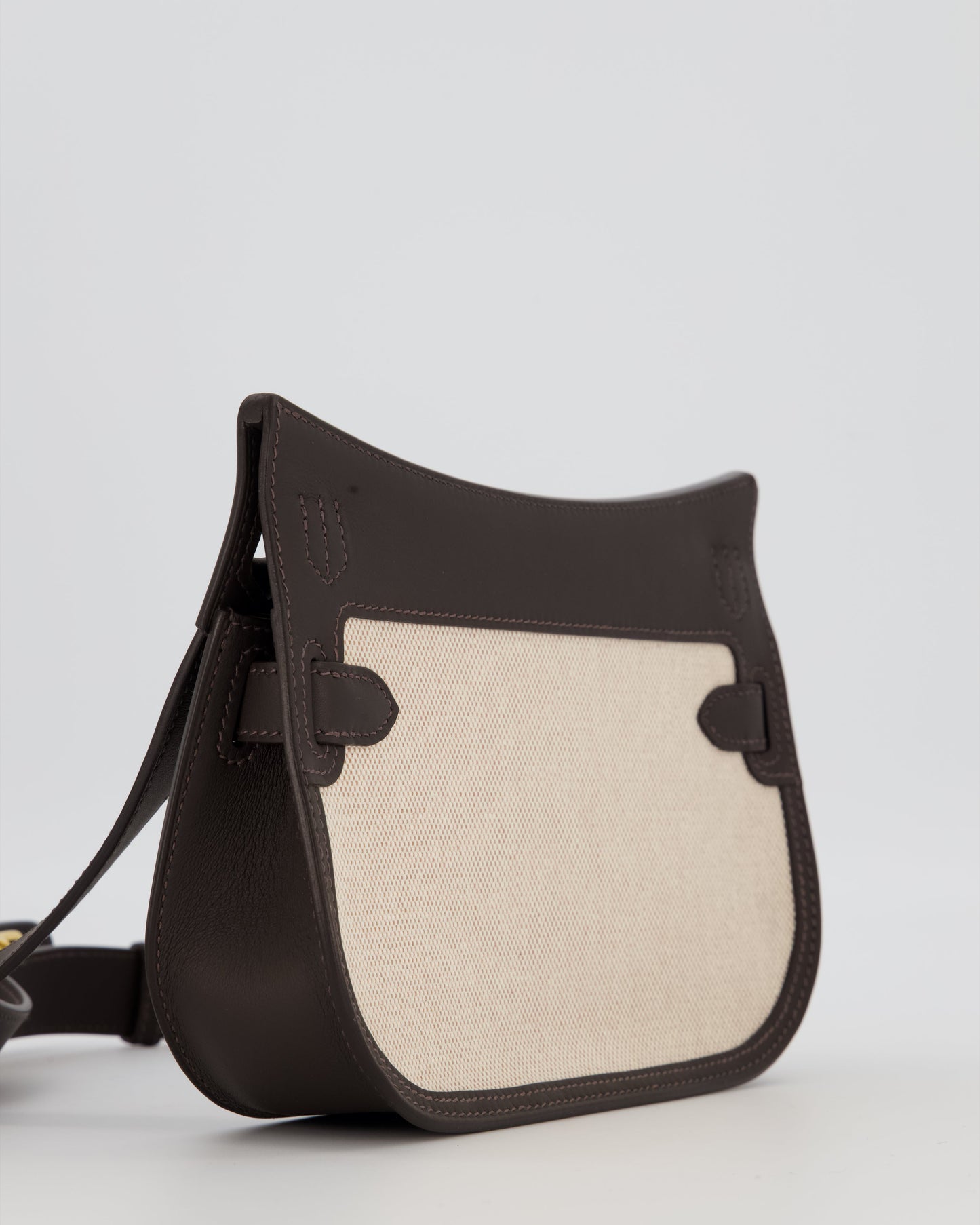 Hermes Mini Jypsiere Crossbody Bag in Bai Brun Swift Leather and Cream Canvas with Gold Hardware