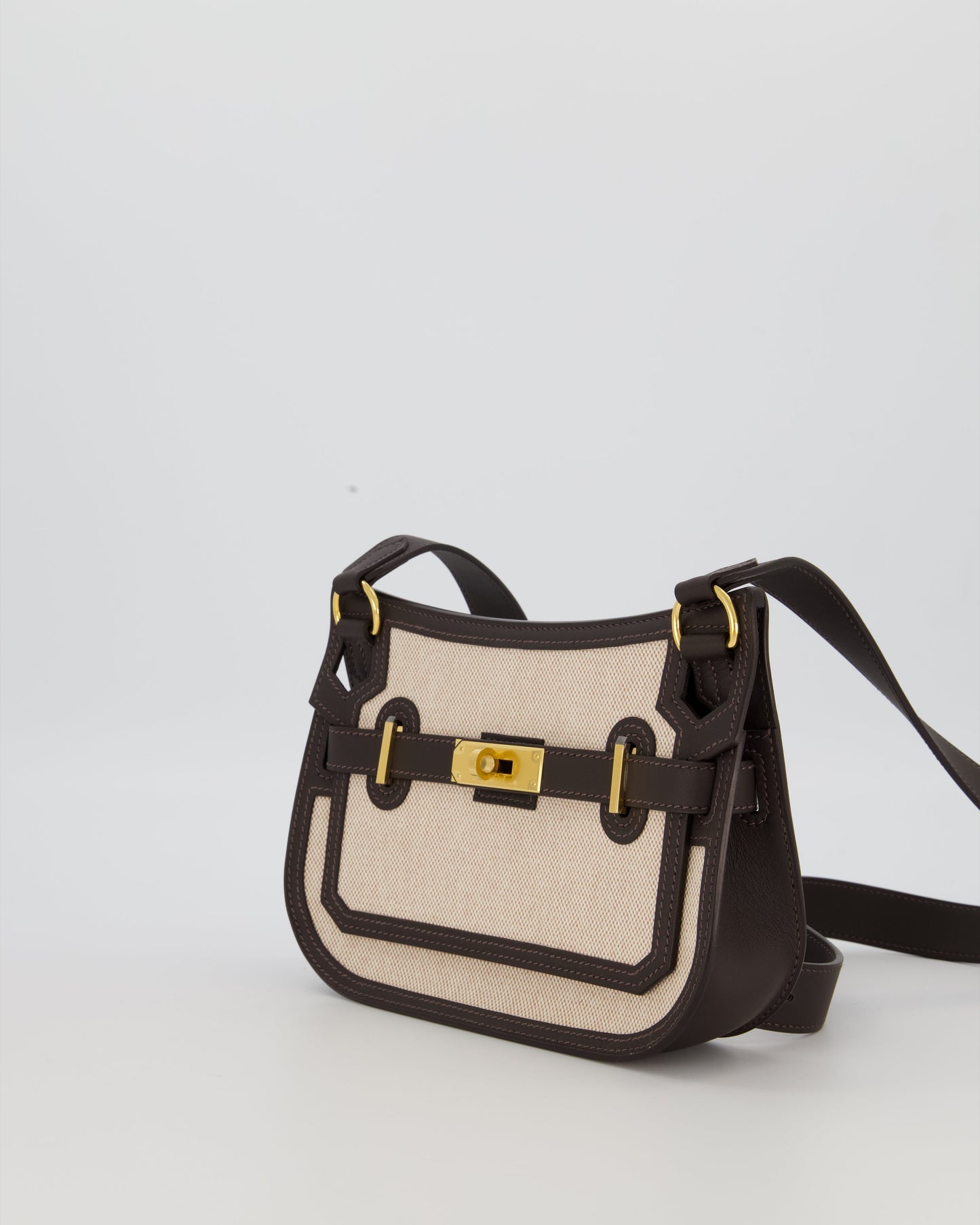 Hermes Mini Jypsiere Crossbody Bag in Bai Brun Swift Leather and Cream Canvas with Gold Hardware