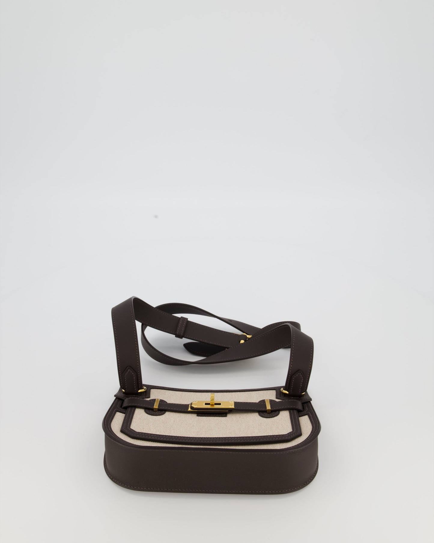 Hermes Mini Jypsiere Crossbody Bag in Bai Brun Swift Leather and Cream Canvas with Gold Hardware