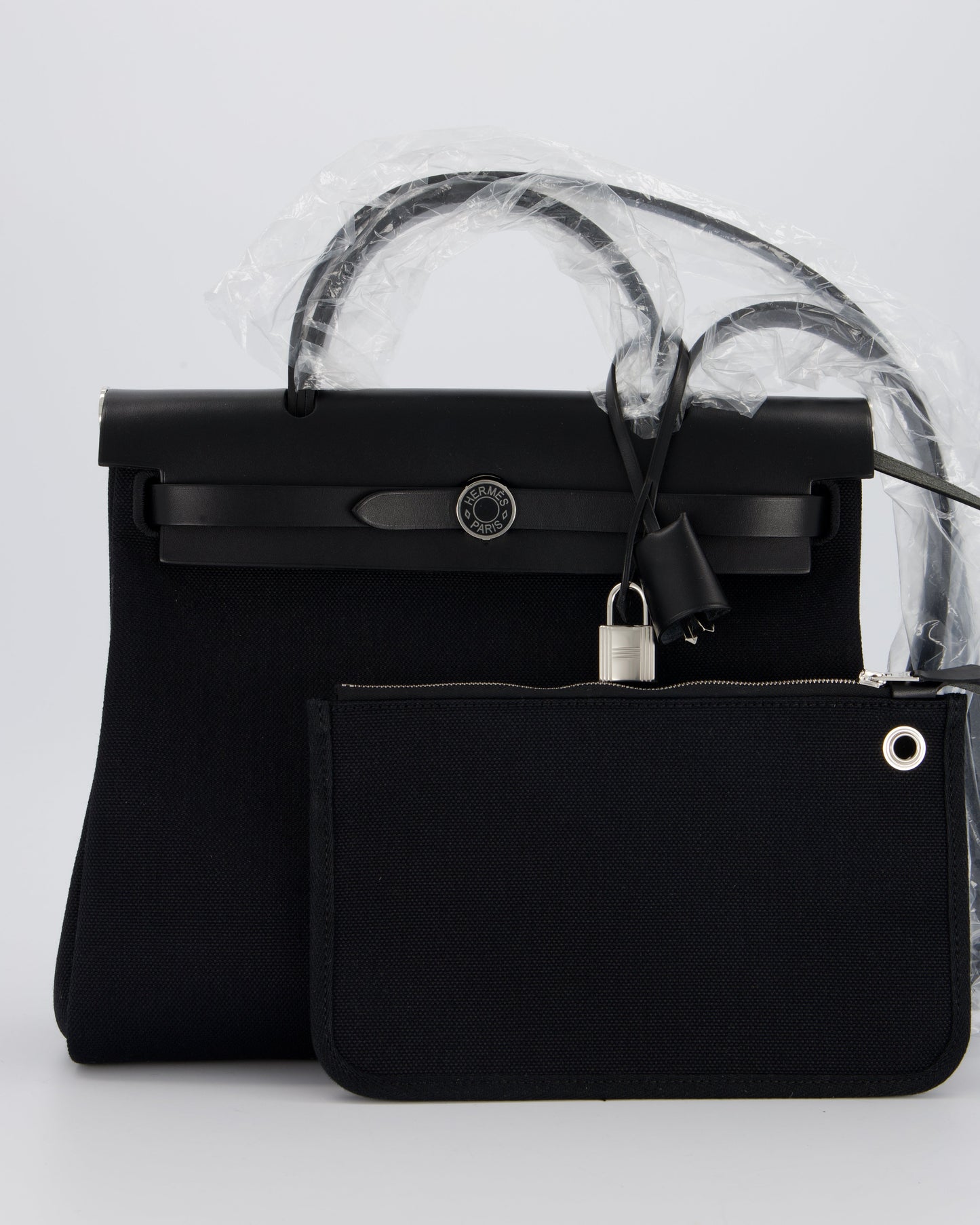 *HOT & RARE* Hermes Herbag 31 Laque Zip Bag in Noir Toile Militaire Canvas, Noir Vache Hunter Leather with Palladium & Noir Hardware