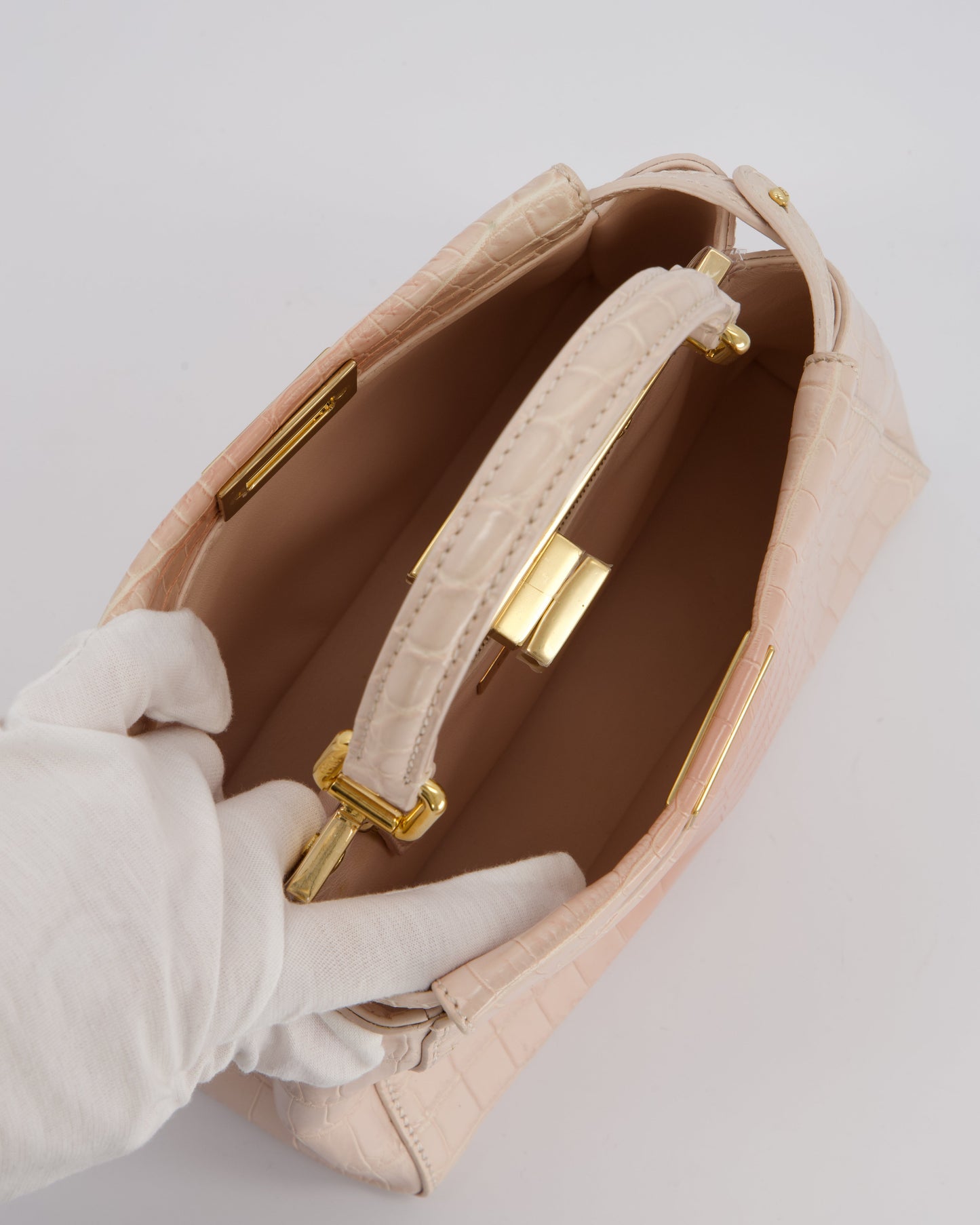 Fendi Mini Peekaboo in Egg Shell & Rose Niloticus Crocodile Leather with Gold Hardware