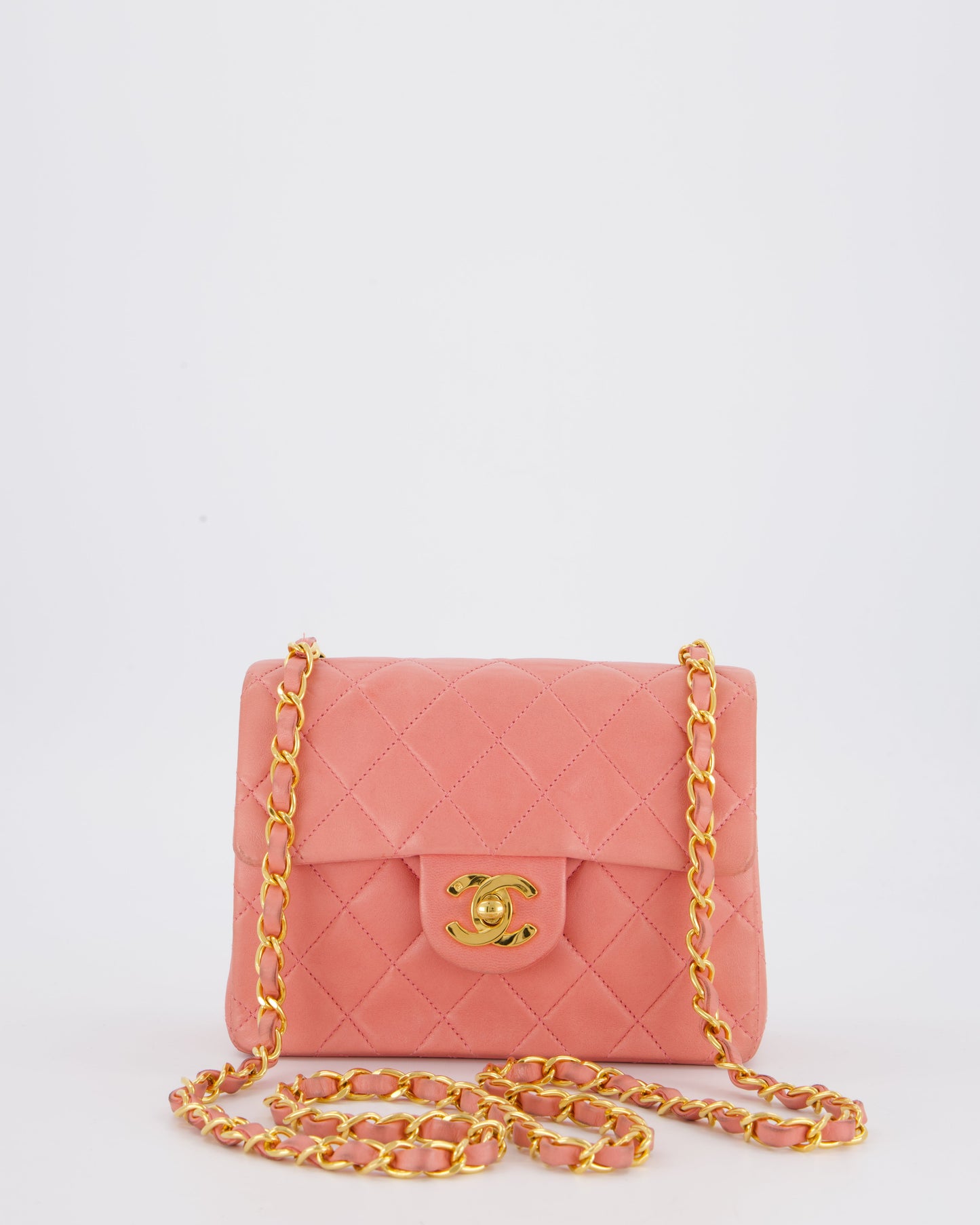 Chanel Pink Vintage Mini Square Single Flap Bag In Lambskin Leather With 24K Gold Hardware