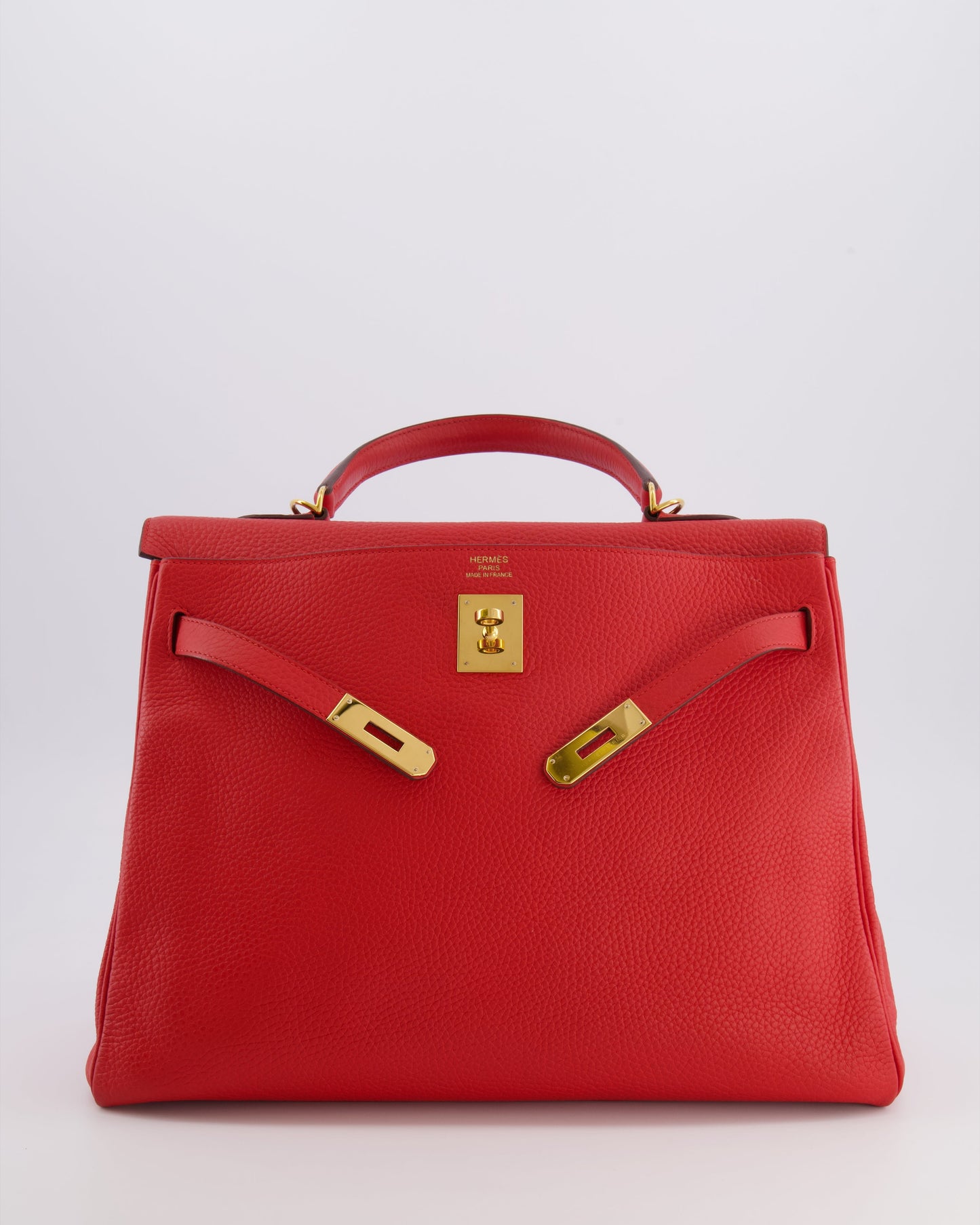 Hermes Kelly 35 Retourne Bag in Rouge Casaque Clemence Leather with Gold Hardware