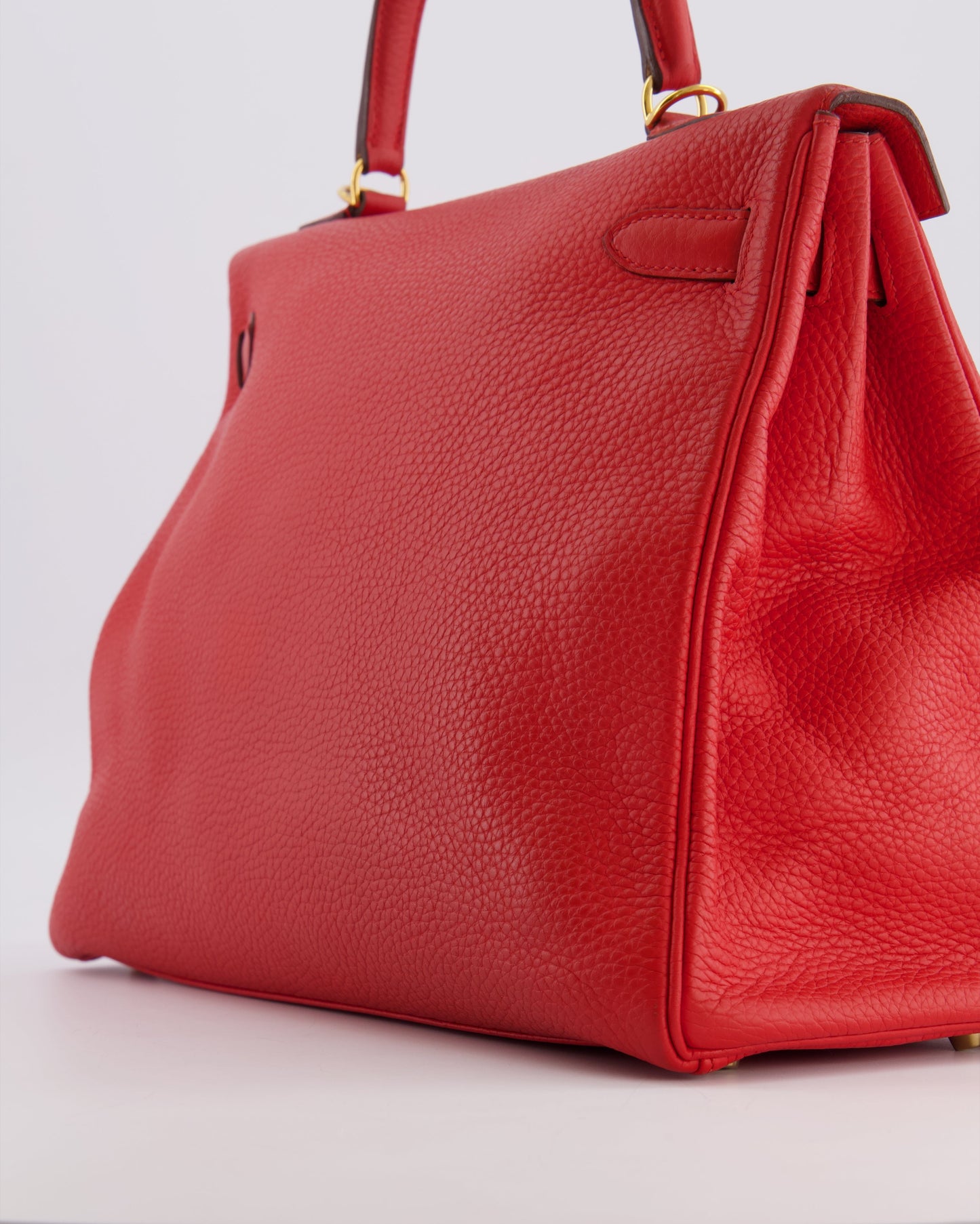 Hermes Kelly 35 Retourne Bag in Rouge Casaque Clemence Leather with Gold Hardware