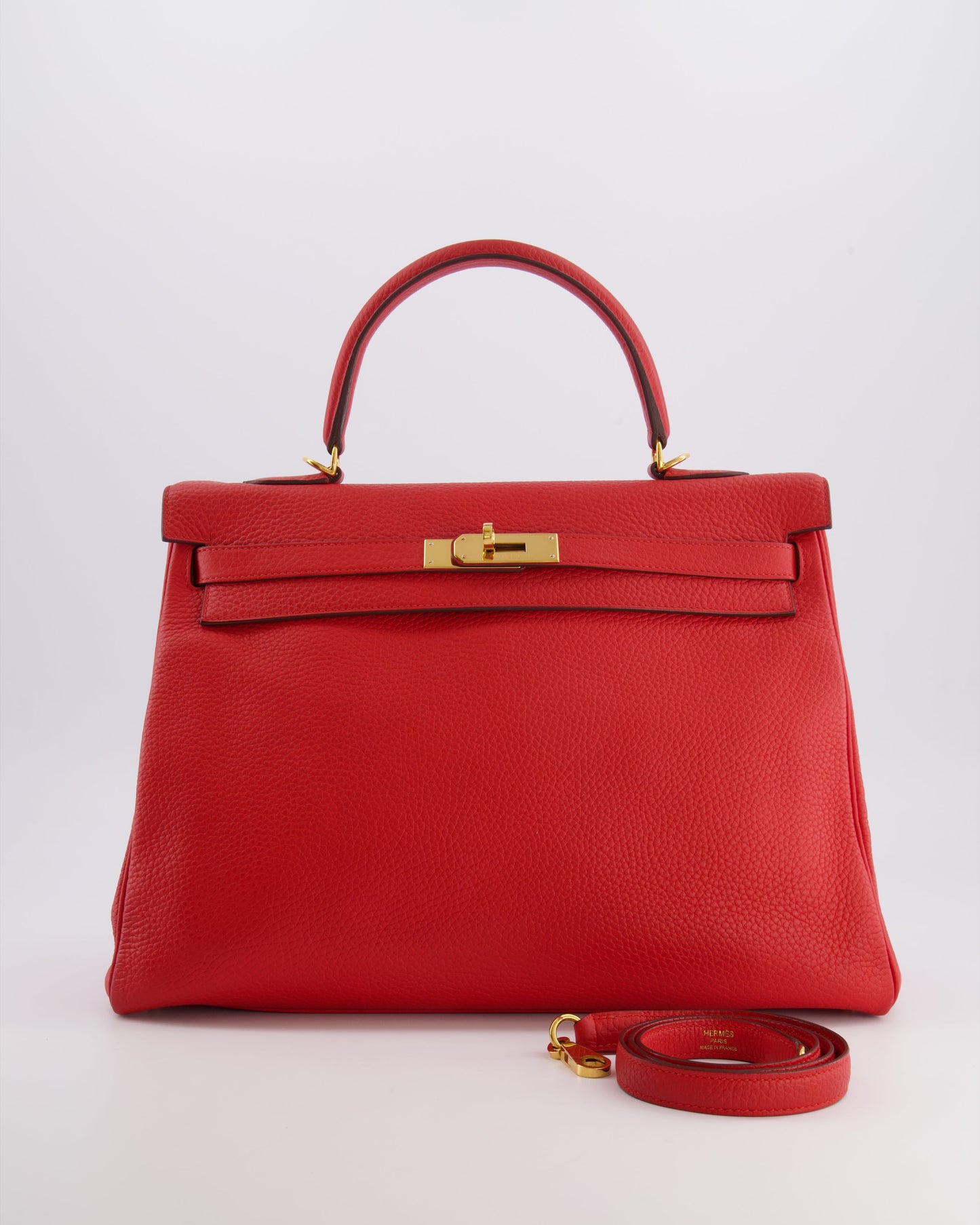 Hermes Kelly 35 Retourne Bag in Rouge Casaque Clemence Leather with Gold Hardware