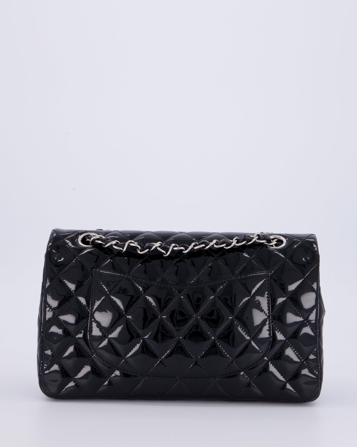 Chanel Medium Double Flap Bag in Black Patent Leather with Silver Hardware