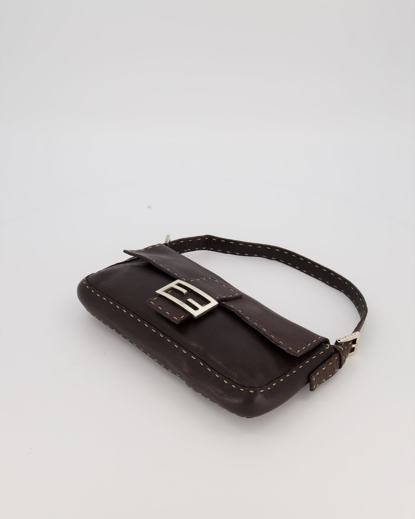 Fendi Selleria Brown Stitched Edge Baguette Bag in Cuoio Romano Leather with Silver Hardware