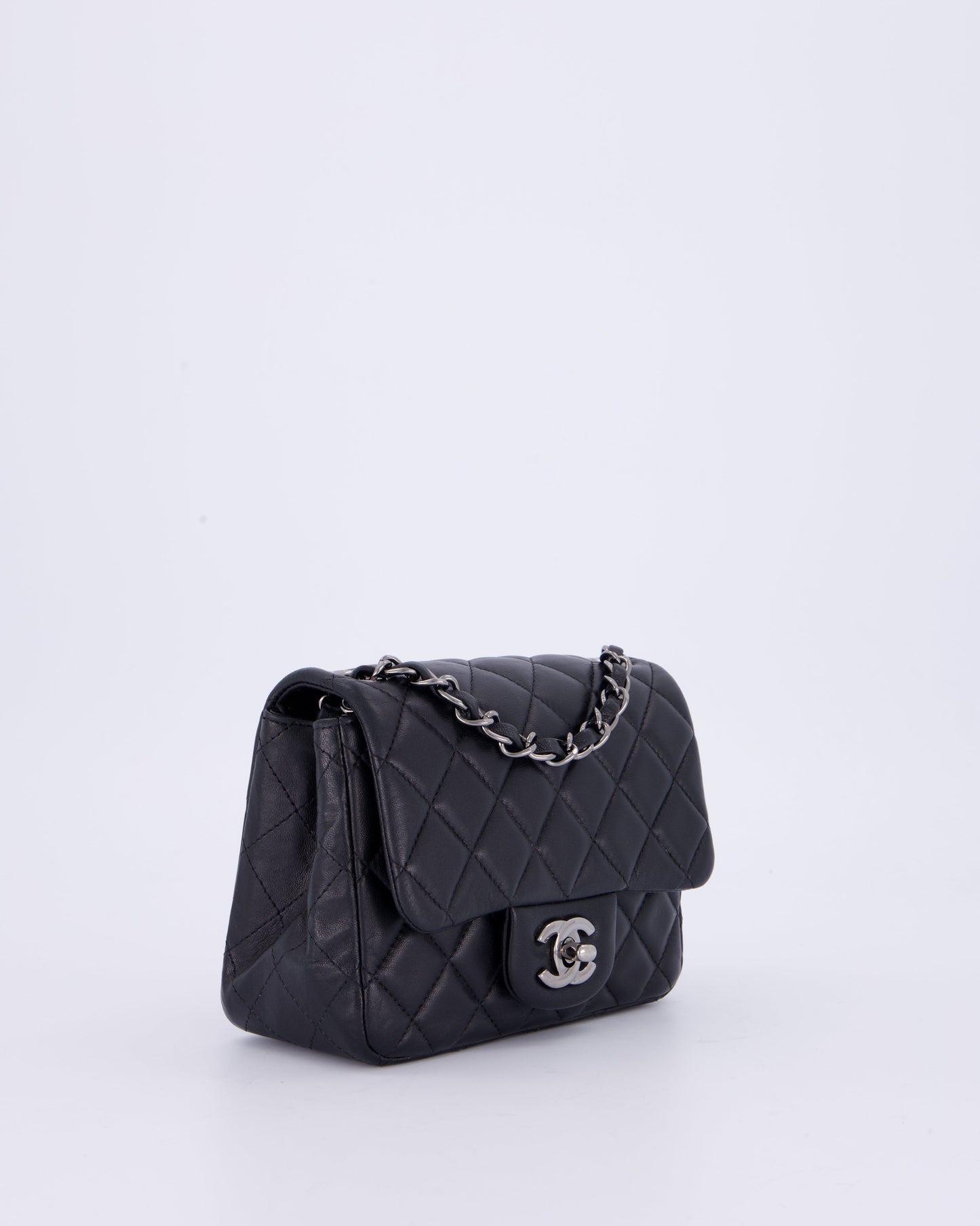 Chanel Black Mini Square Classic Flap Bag in Quilted Lambskin Leather with Ruthenium Hardware
