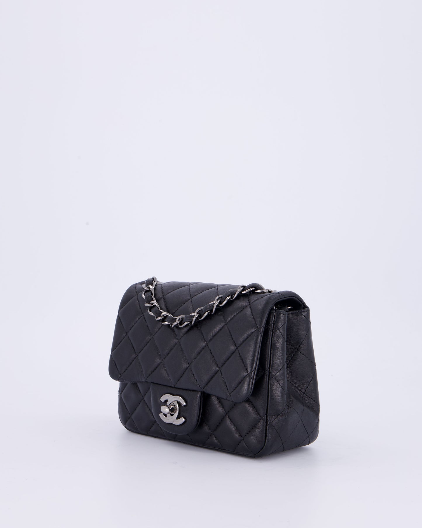 Chanel Black Mini Square Classic Flap Bag in Quilted Lambskin Leather with Ruthenium Hardware
