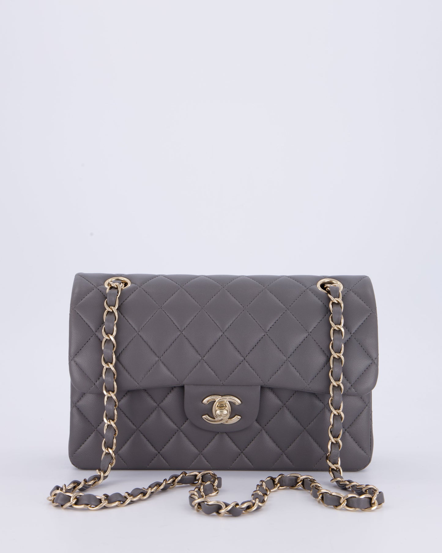 Chanel Dark Grey Small Classic Double Flap Bag in Lambskin Leather with Champagne Gold Hardware