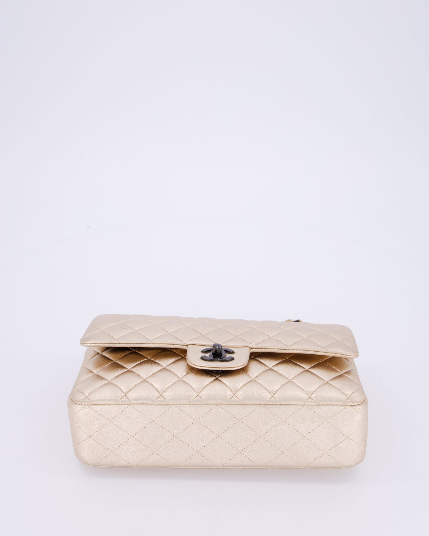 *RARE* Chanel Metallic Gold Medium Classic Double Flap Bag in Lambskin Leather with So Black Hardware