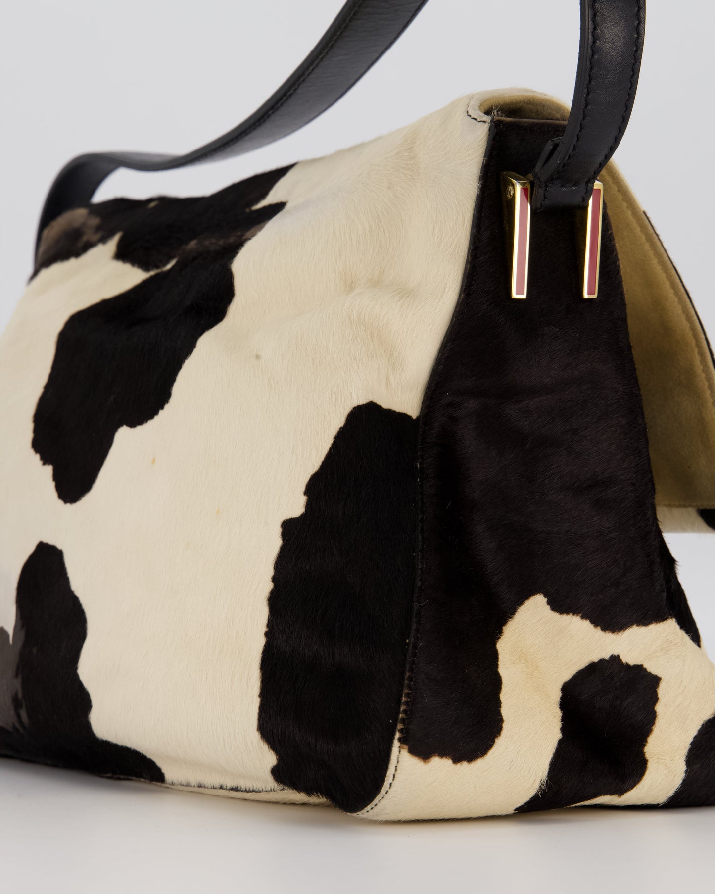 *RARE* Fendi Vintage Large Mamma Baguette Bag in Cow Print Pony Hair and Leather with Gold Hardware & Red FF Logo