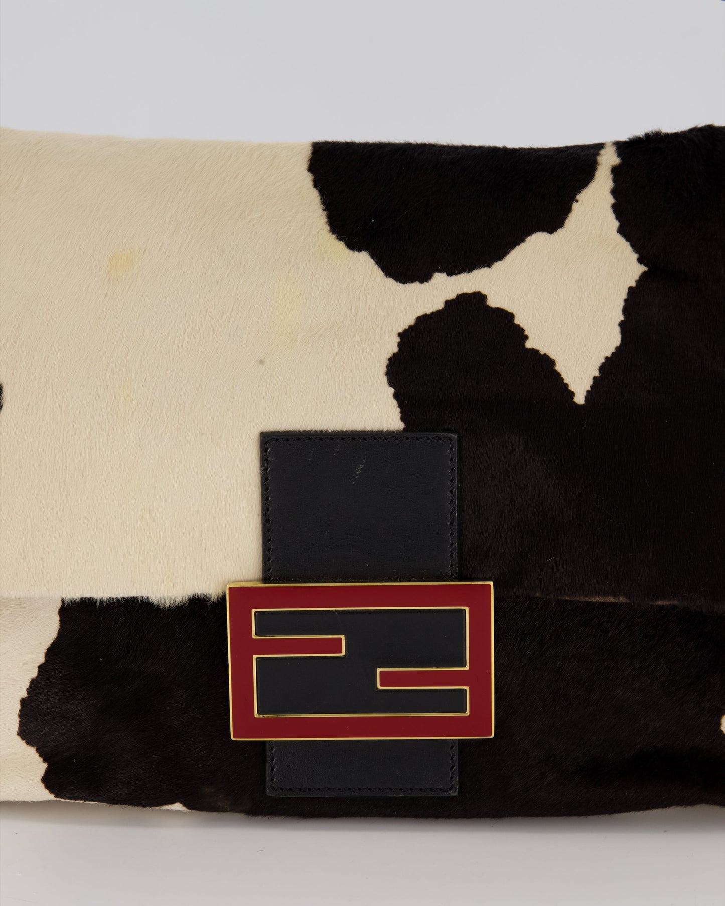 *RARE* Fendi Vintage Large Mamma Baguette Bag in Cow Print Pony Hair and Leather with Gold Hardware & Red FF Logo