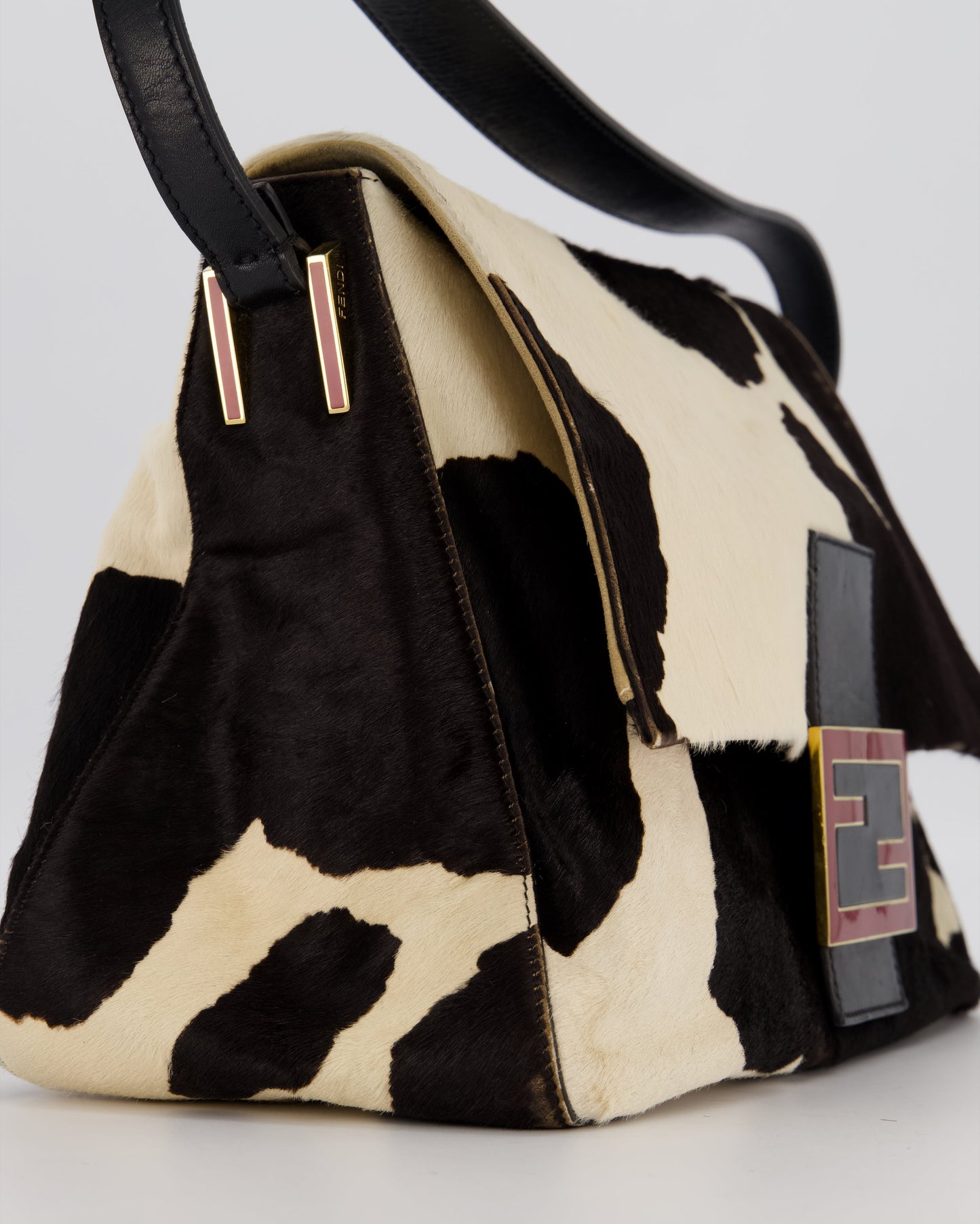 *RARE* Fendi Vintage Large Mamma Baguette Bag in Cow Print Pony Hair and Leather with Gold Hardware & Red FF Logo