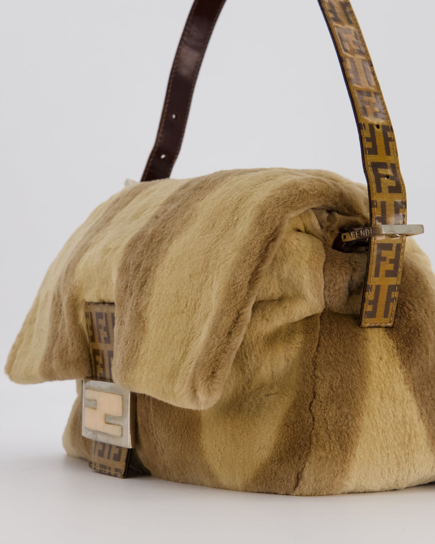 Fendi Vintage Medium Mamma Baguette Bag in Beige Rabbit Fur with Silver Hardware & Brown FF Strap