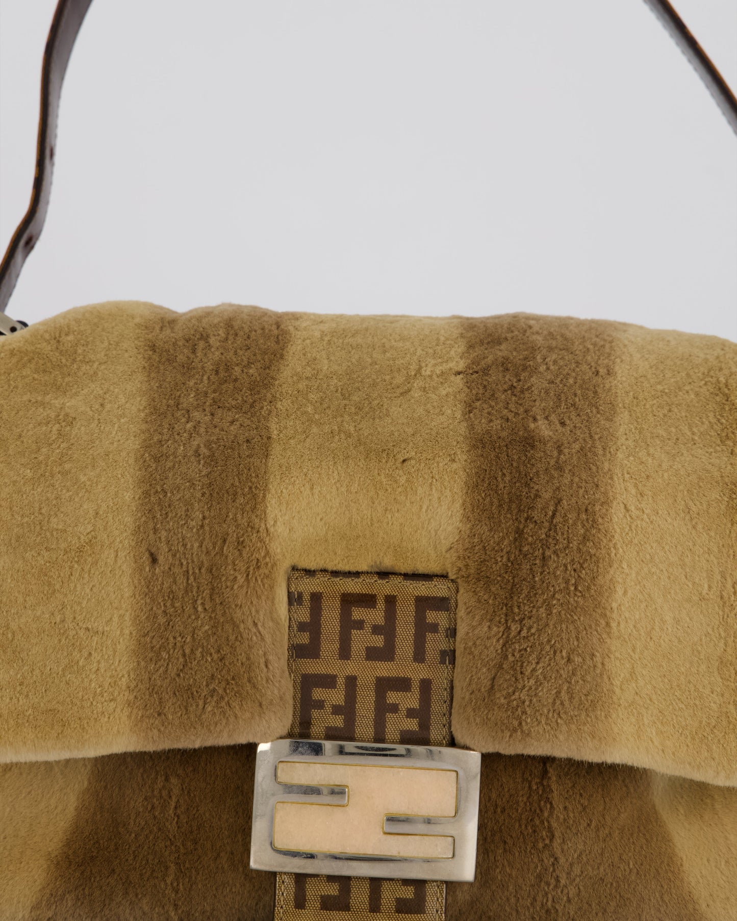 Fendi Vintage Medium Mamma Baguette Bag in Beige Rabbit Fur with Silver Hardware & Brown FF Strap