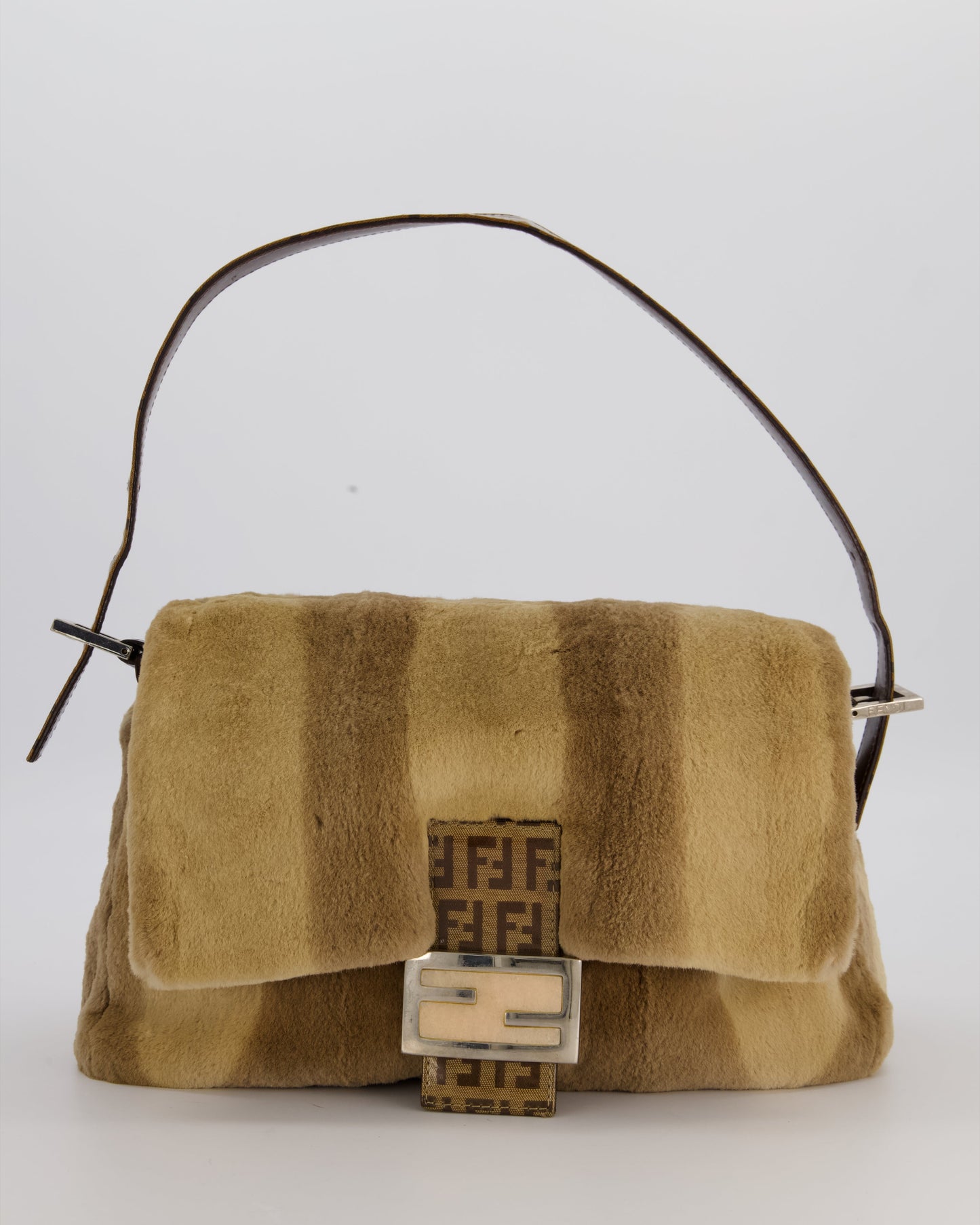 Fendi Vintage Medium Mamma Baguette Bag in Beige Rabbit Fur with Silver Hardware & Brown FF Strap