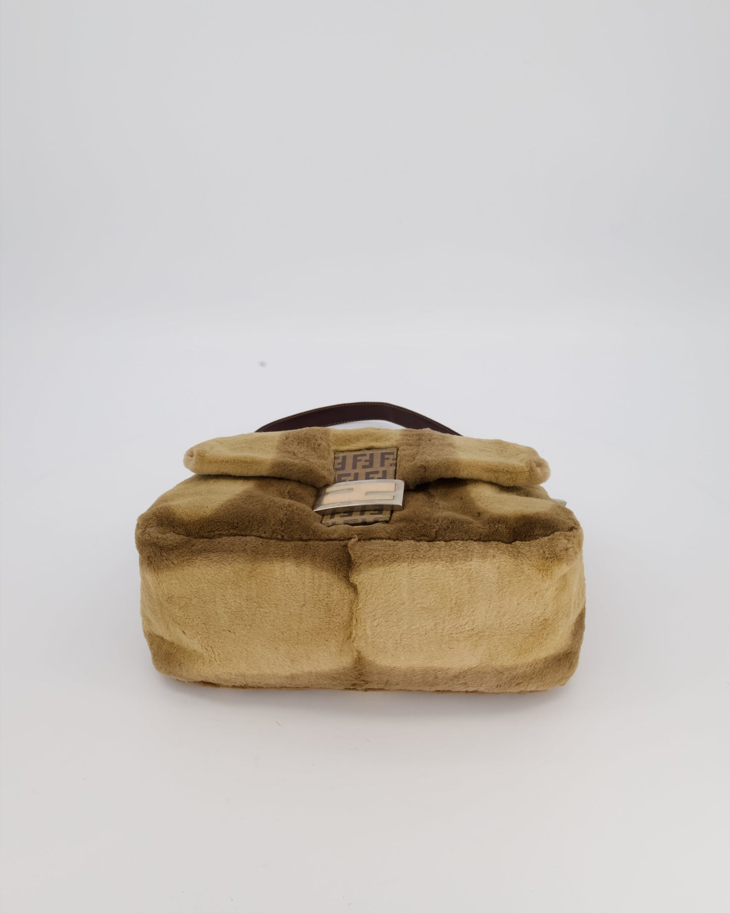 Fendi Vintage Medium Mamma Baguette Bag in Beige Rabbit Fur with Silver Hardware & Brown FF Strap