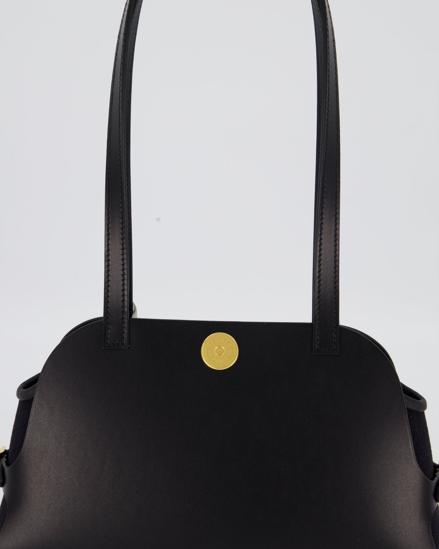 Hermes Tablier Sellier Bag in Noir Hunter Cowhide, Noir Swift Leather and Noir Militaire Canvas with Gold Hardware