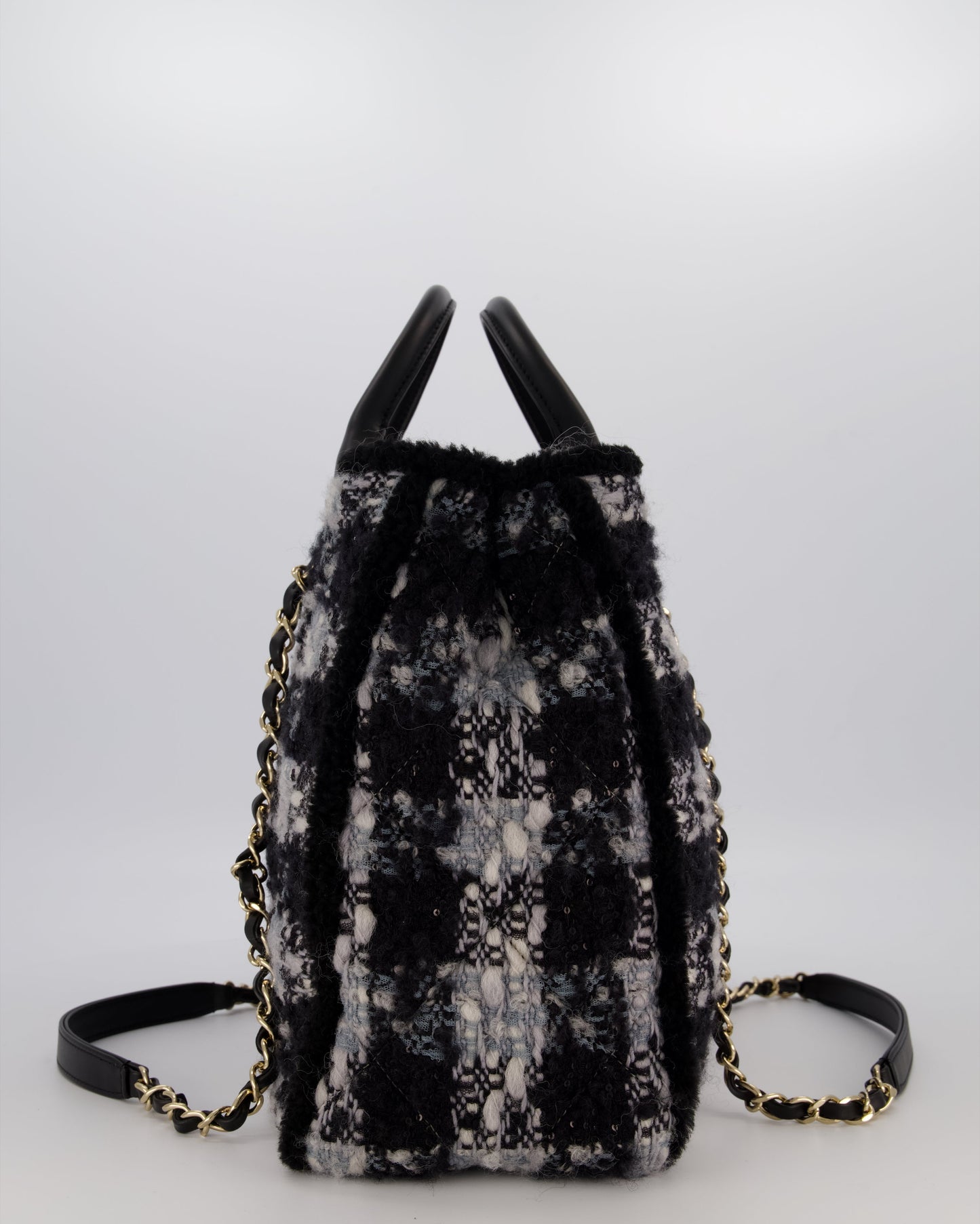 Chanel 25N Grey and Black Oqilted Tweed Shopping Tote Bag With Champagne Gold Hardware and Leather Handle