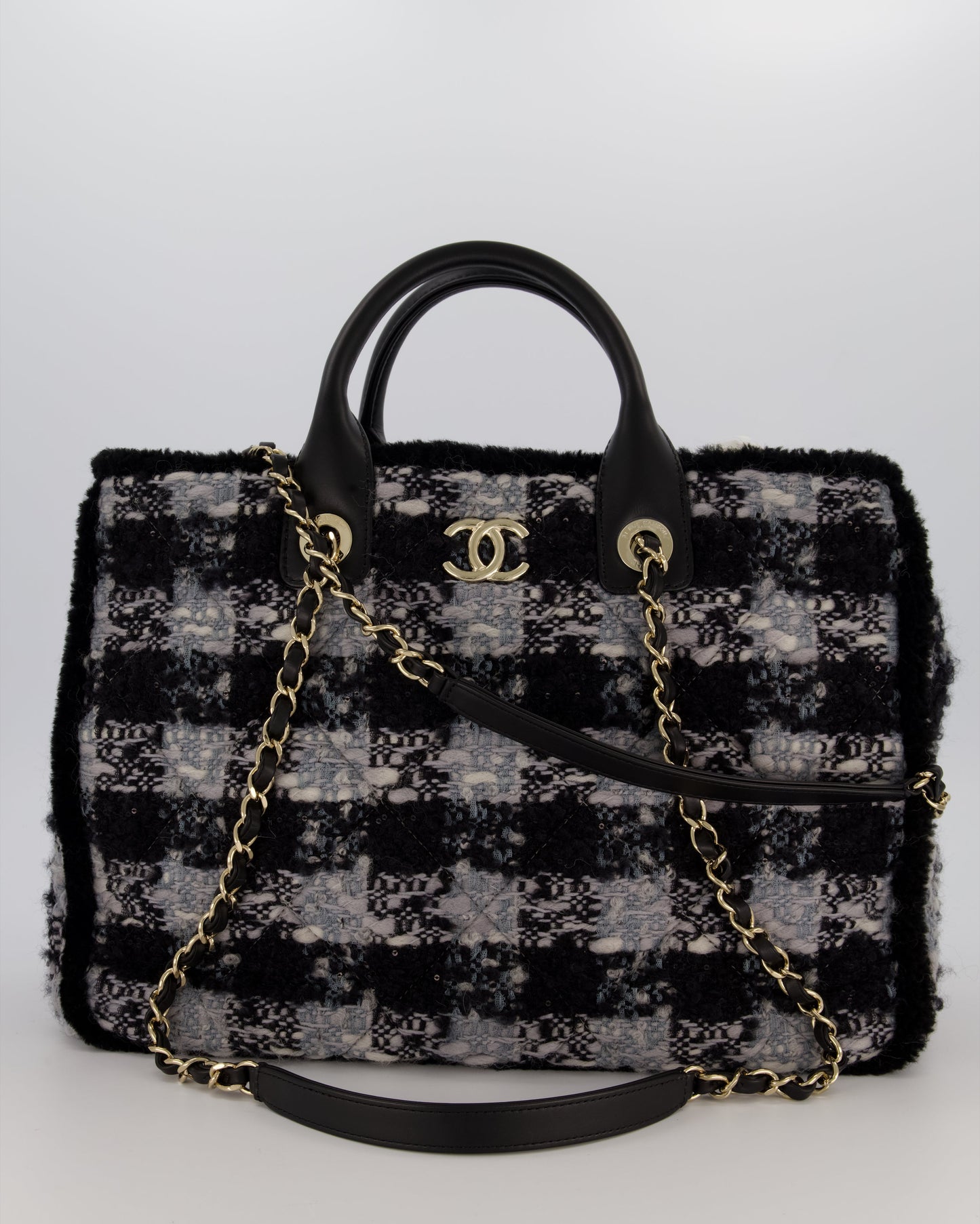 Chanel 25N Grey and Black Oqilted Tweed Shopping Tote Bag With Champagne Gold Hardware and Leather Handle