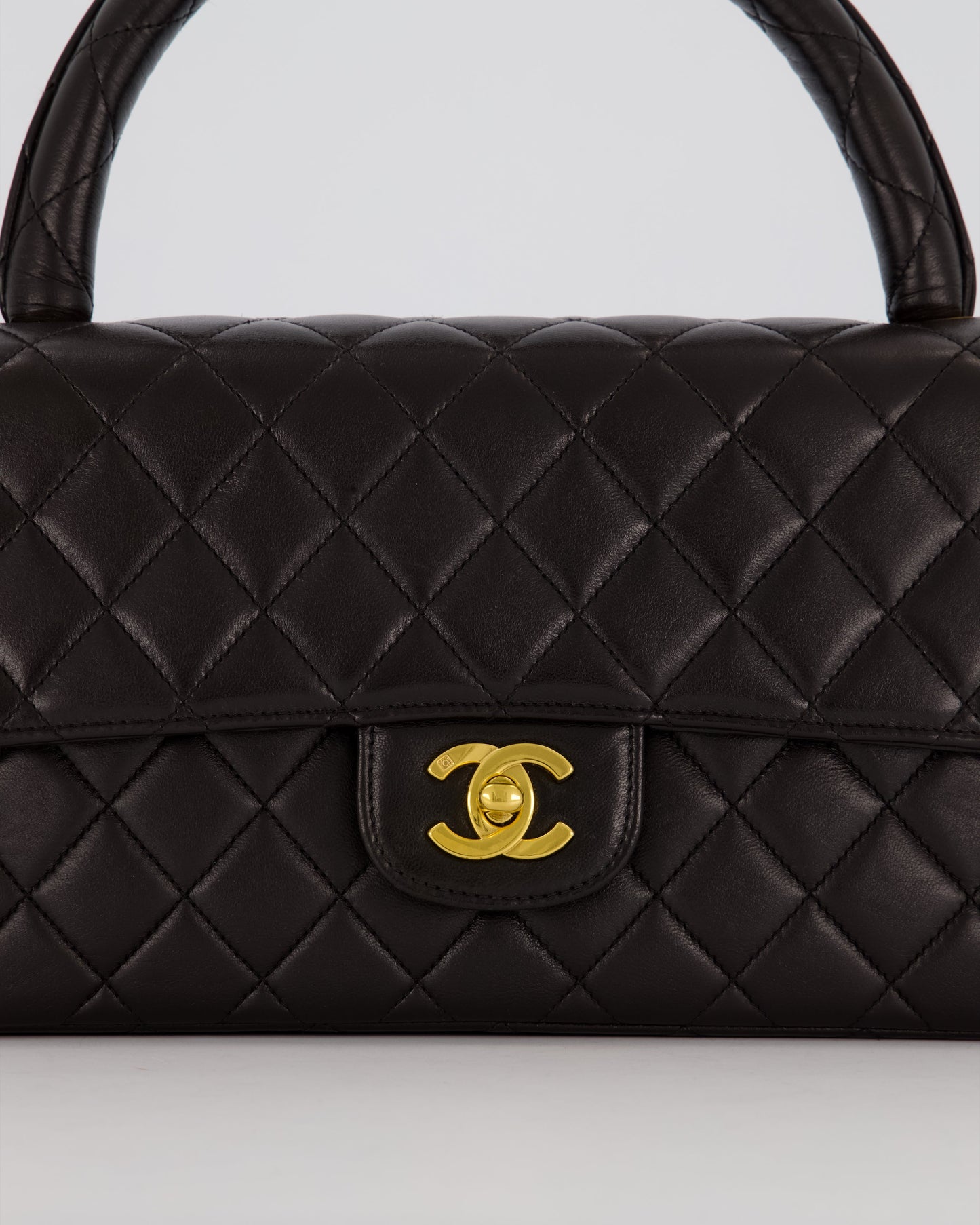 Chanel Black Vintage Top Handle Medium Single Flap Bag in Lambskin Leather with 24K Gold Hardware