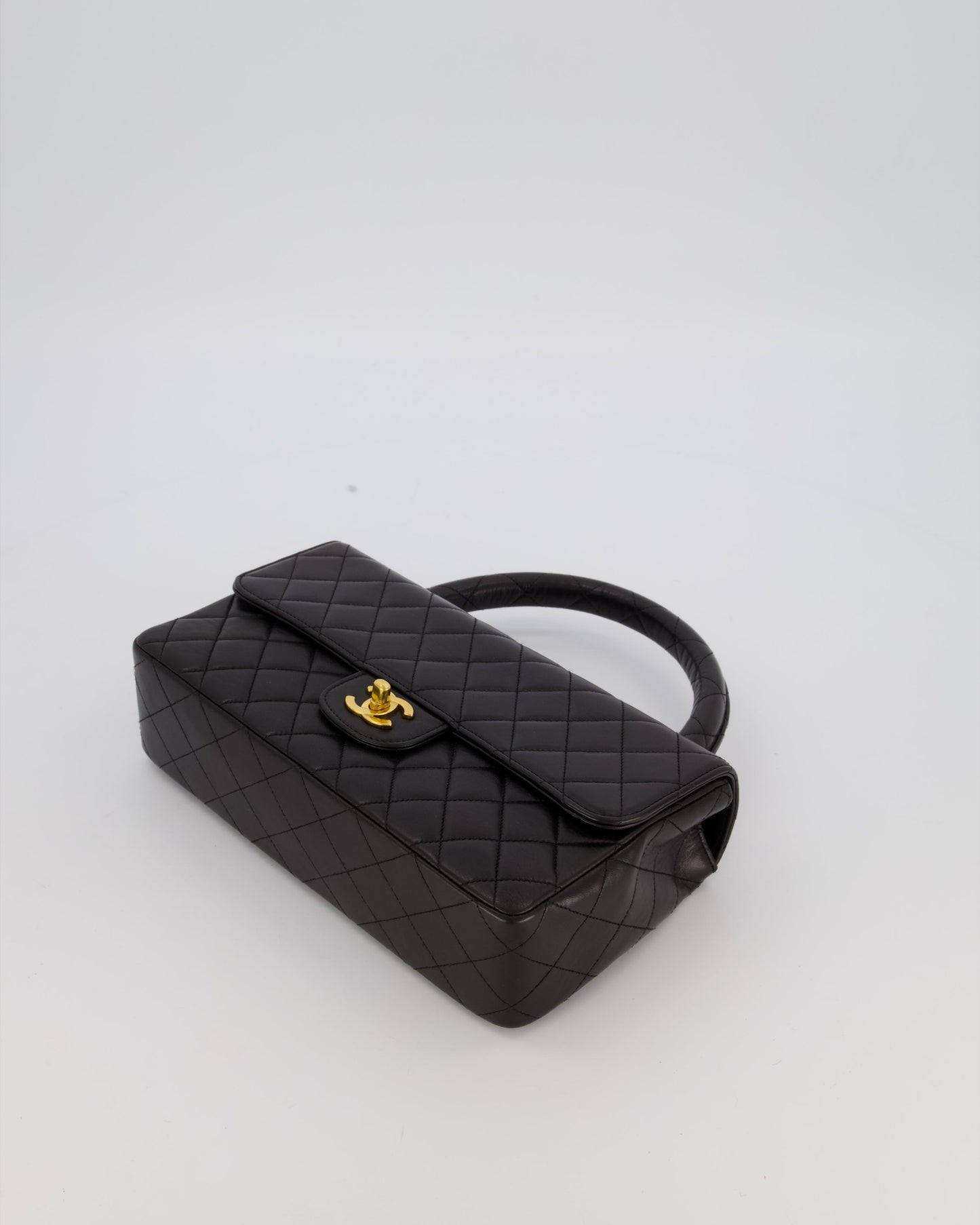 Chanel Black Vintage Top Handle Medium Single Flap Bag in Lambskin Leather with 24K Gold Hardware