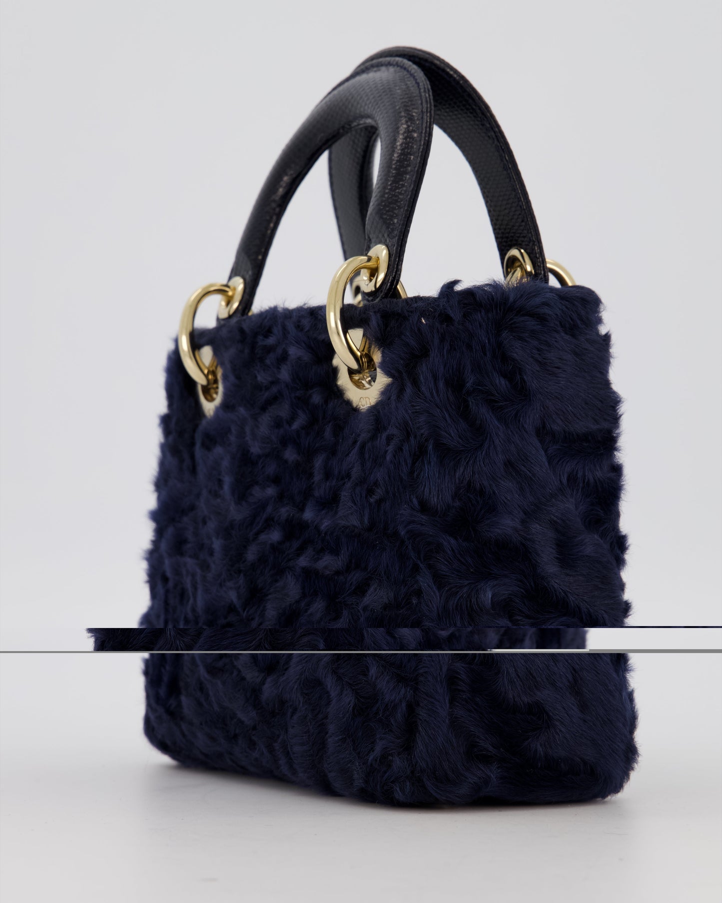 Christian Dior Mini Lady Dior Bag in Navy Astrakhan Fur with Python Leather Handle and Gold and Crystal Hardware