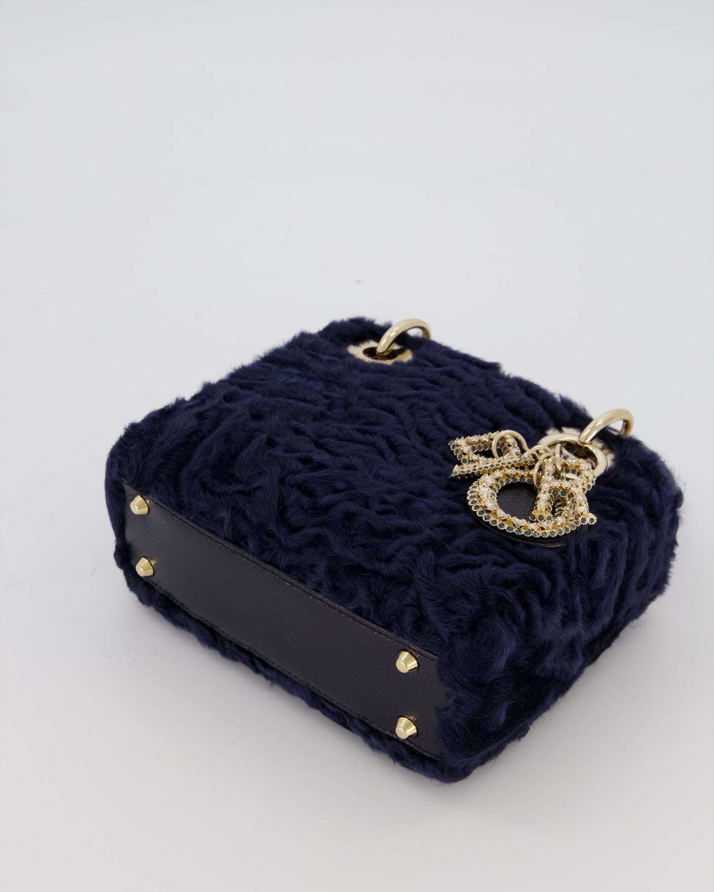 Christian Dior Mini Lady Dior Bag in Navy Astrakhan Fur with Python Leather Handle and Gold and Crystal Hardware