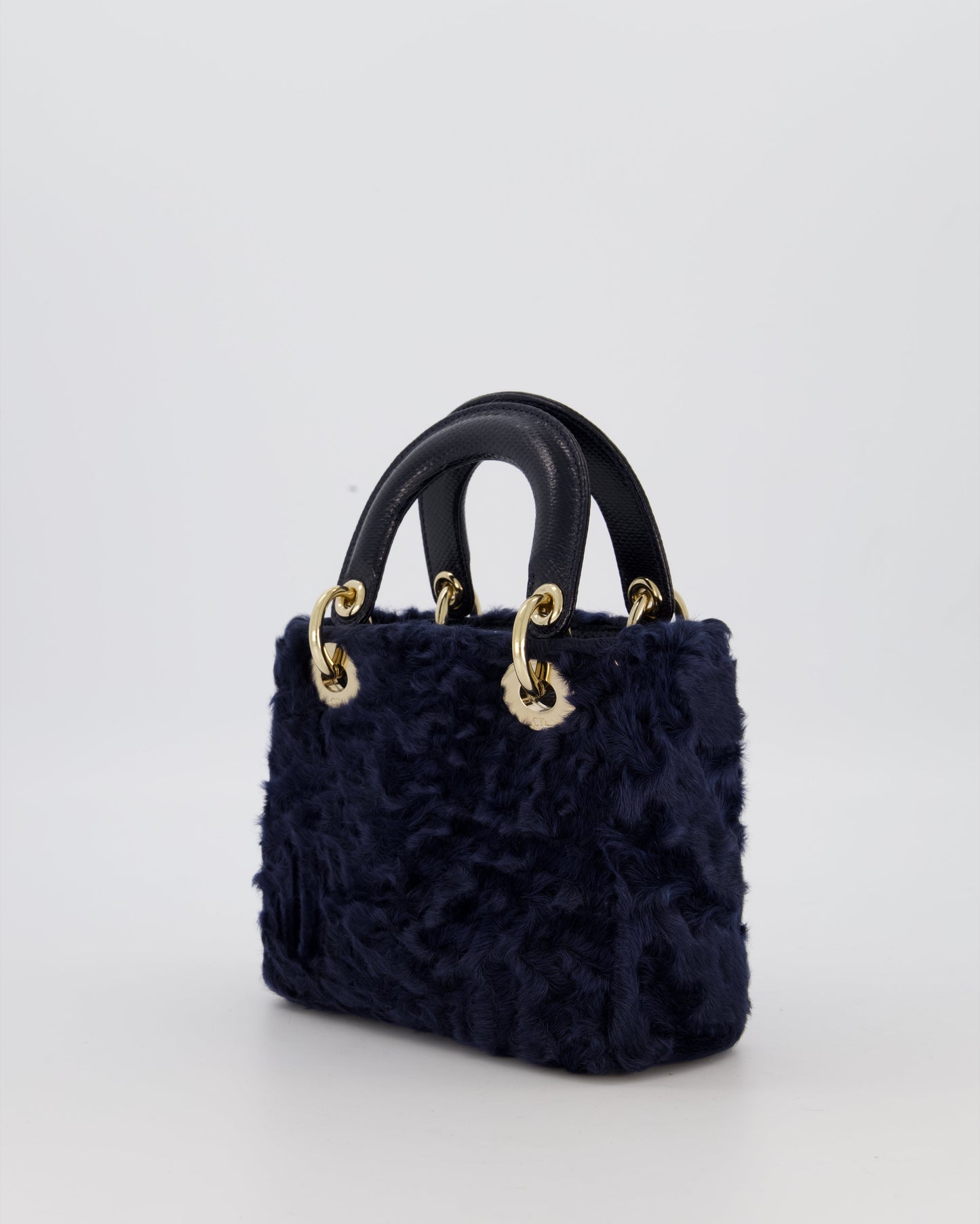 Christian Dior Mini Lady Dior Bag in Navy Astrakhan Fur with Python Leather Handle and Gold and Crystal Hardware