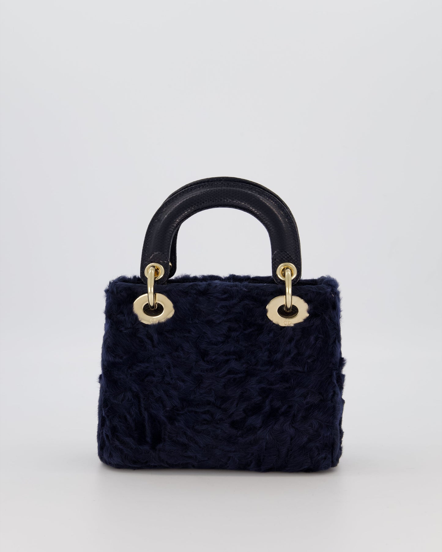 Christian Dior Mini Lady Dior Bag in Navy Astrakhan Fur with Python Leather Handle and Gold and Crystal Hardware