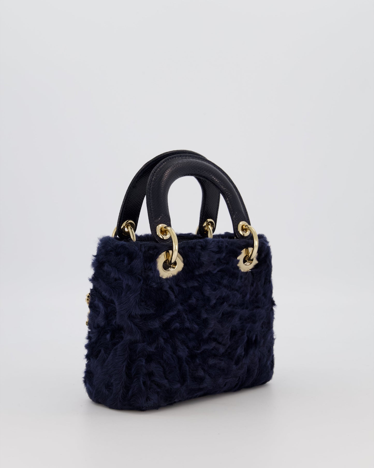 Christian Dior Mini Lady Dior Bag in Navy Astrakhan Fur with Python Leather Handle and Gold and Crystal Hardware